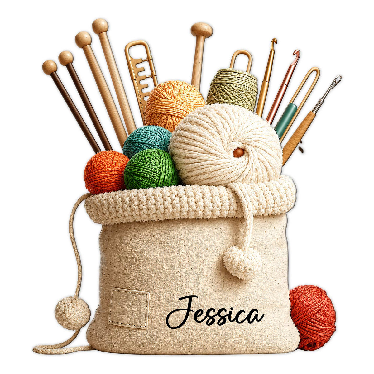 Custom knitting metal sign featuring colorful yarn balls, knitting needles, crochet hooks, and a yarn basket