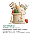 Knitting yarn basket metal sign feature graphic highlighting the cut-metal design and indoor or outdoor display