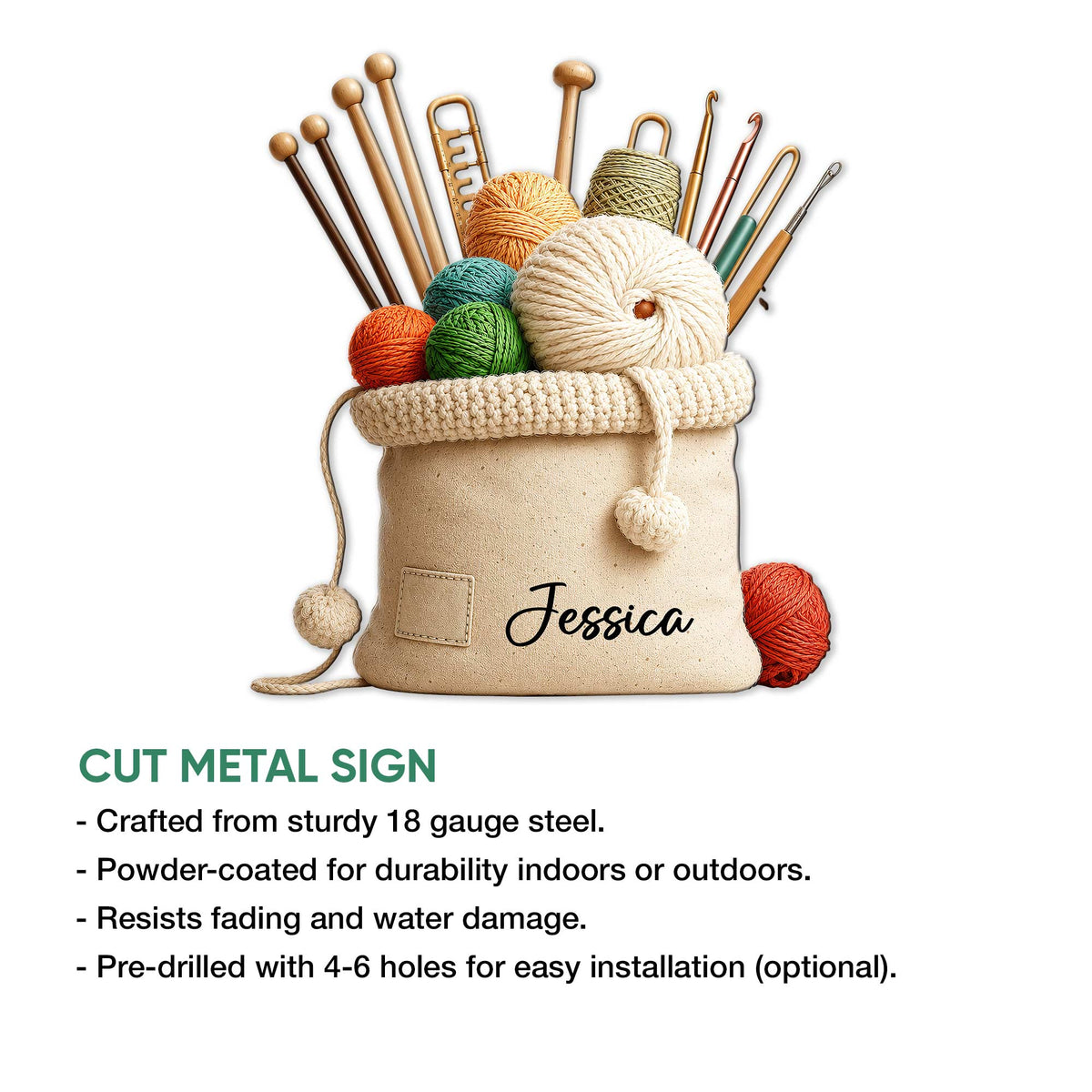 Knitting yarn basket metal sign feature graphic highlighting the cut-metal design and indoor or outdoor display