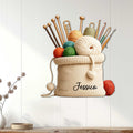 Knitting metal sign displayed on a light paneled wall as cozy craft room decor
