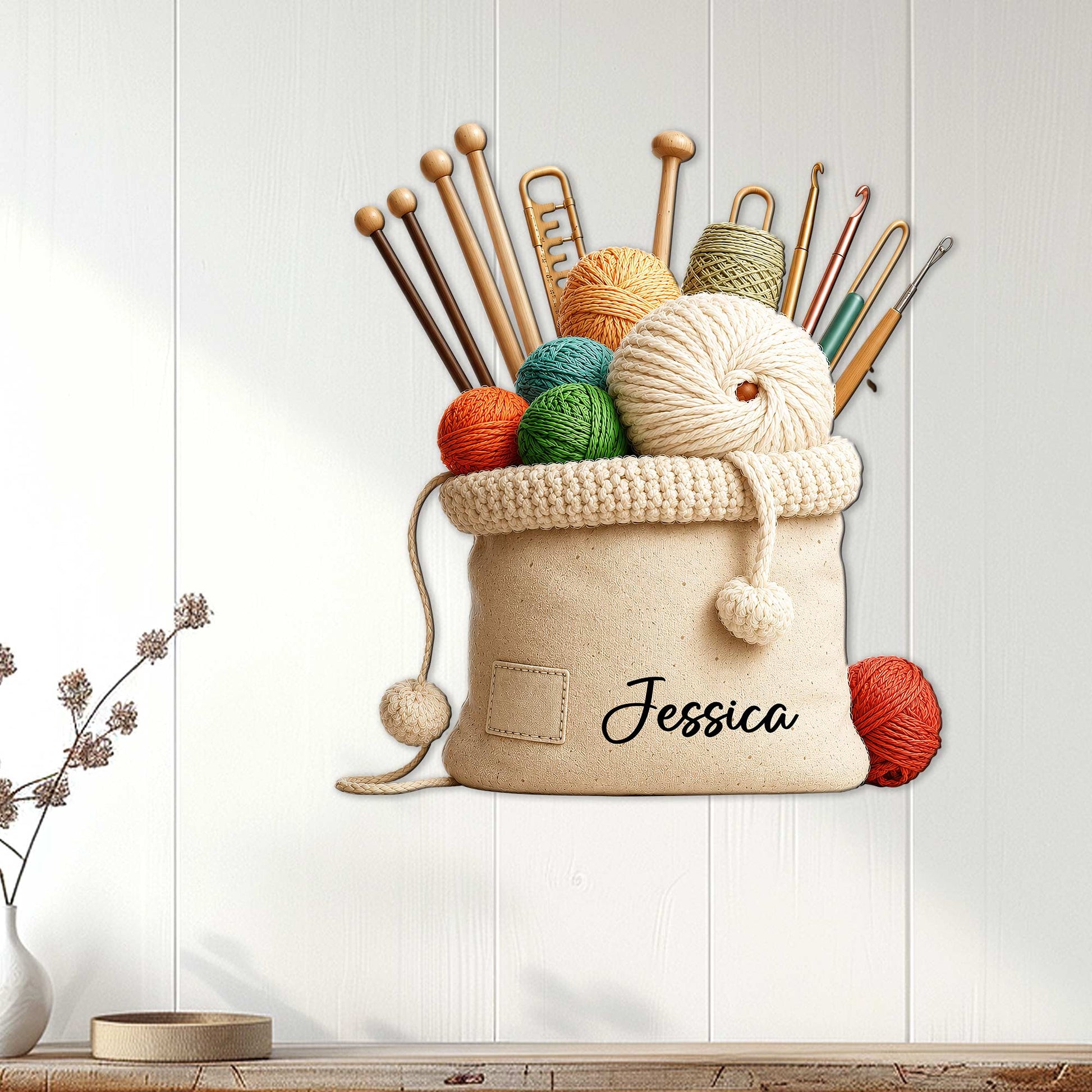 Knitting metal sign displayed on a light paneled wall as cozy craft room decor
