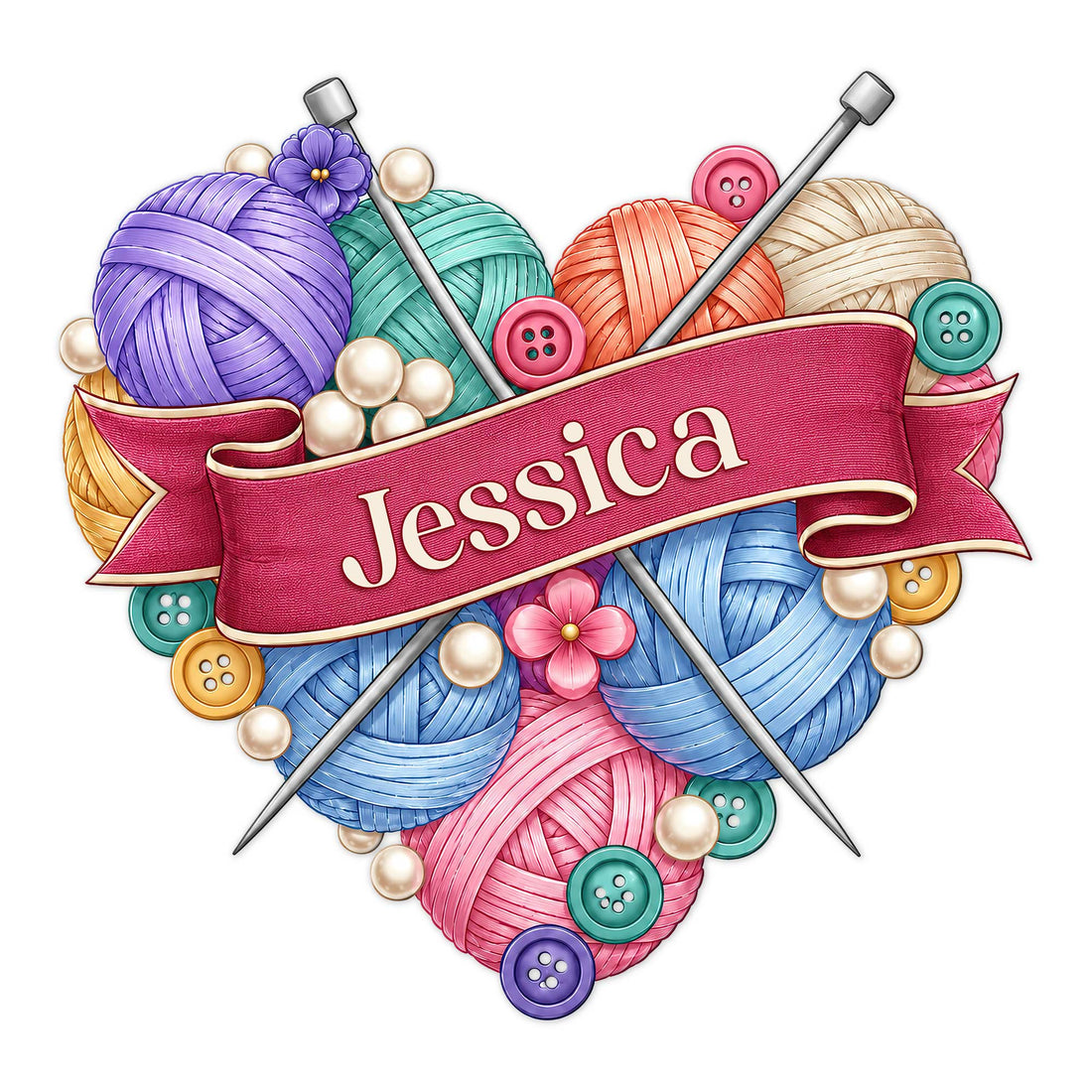 Colorful knitting metal sign featuring yarn balls, crossed needles, buttons, flowers, and a decorative ribbon