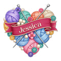 Colorful knitting metal sign featuring yarn balls, crossed needles, buttons, flowers, and a decorative ribbon