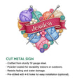 Knitting wall sign shown with a cut-metal product feature infographic and colorful yarn artwork