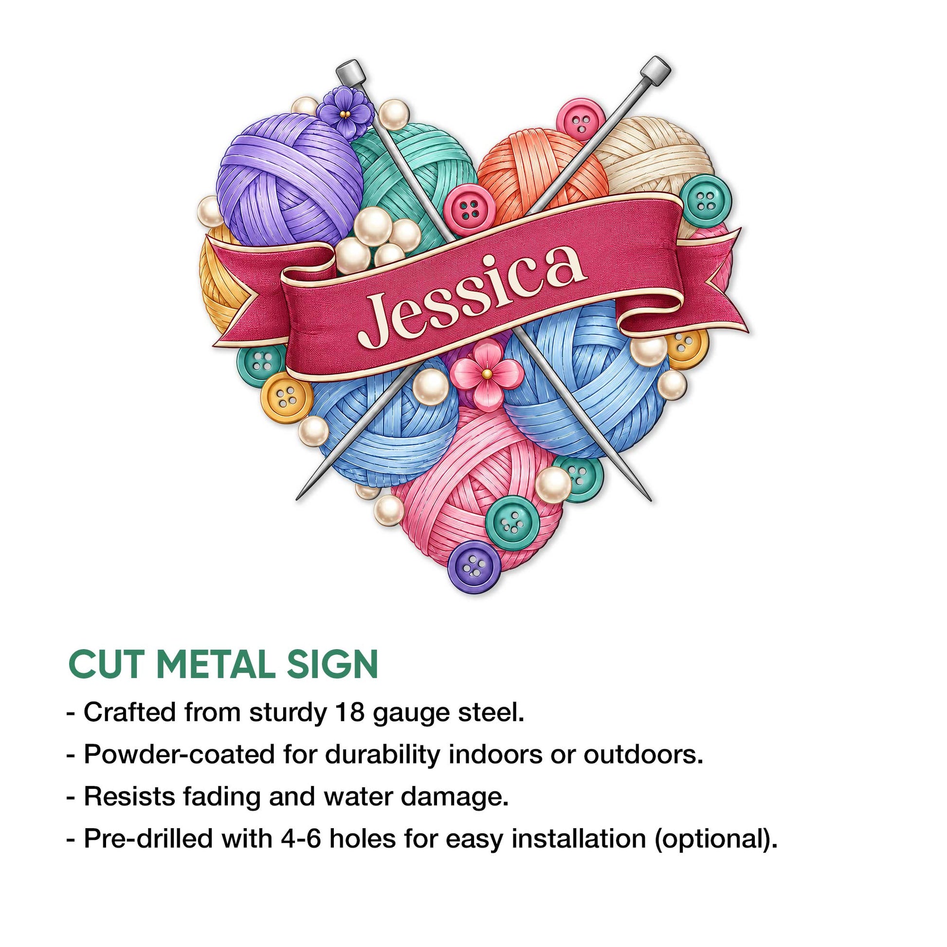 Knitting wall sign shown with a cut-metal product feature infographic and colorful yarn artwork