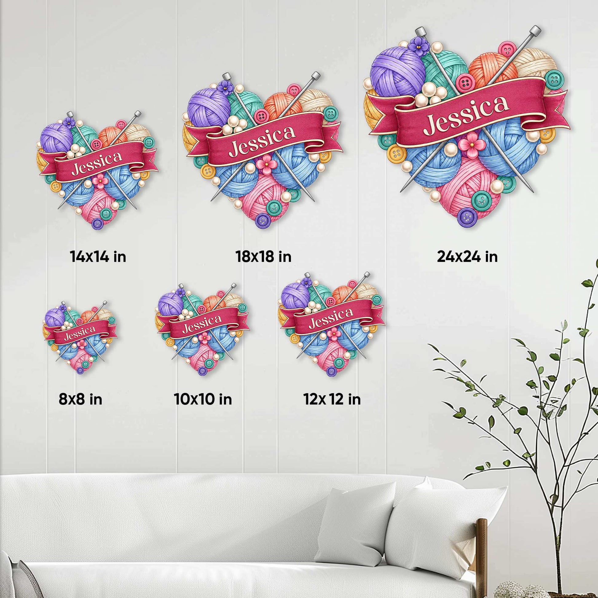 Knitting metal sign size guide showing six available square size options in a living room setting