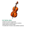 Cello-shaped cut metal sign shown with a detailed orange string instrument design in a product feature graphic