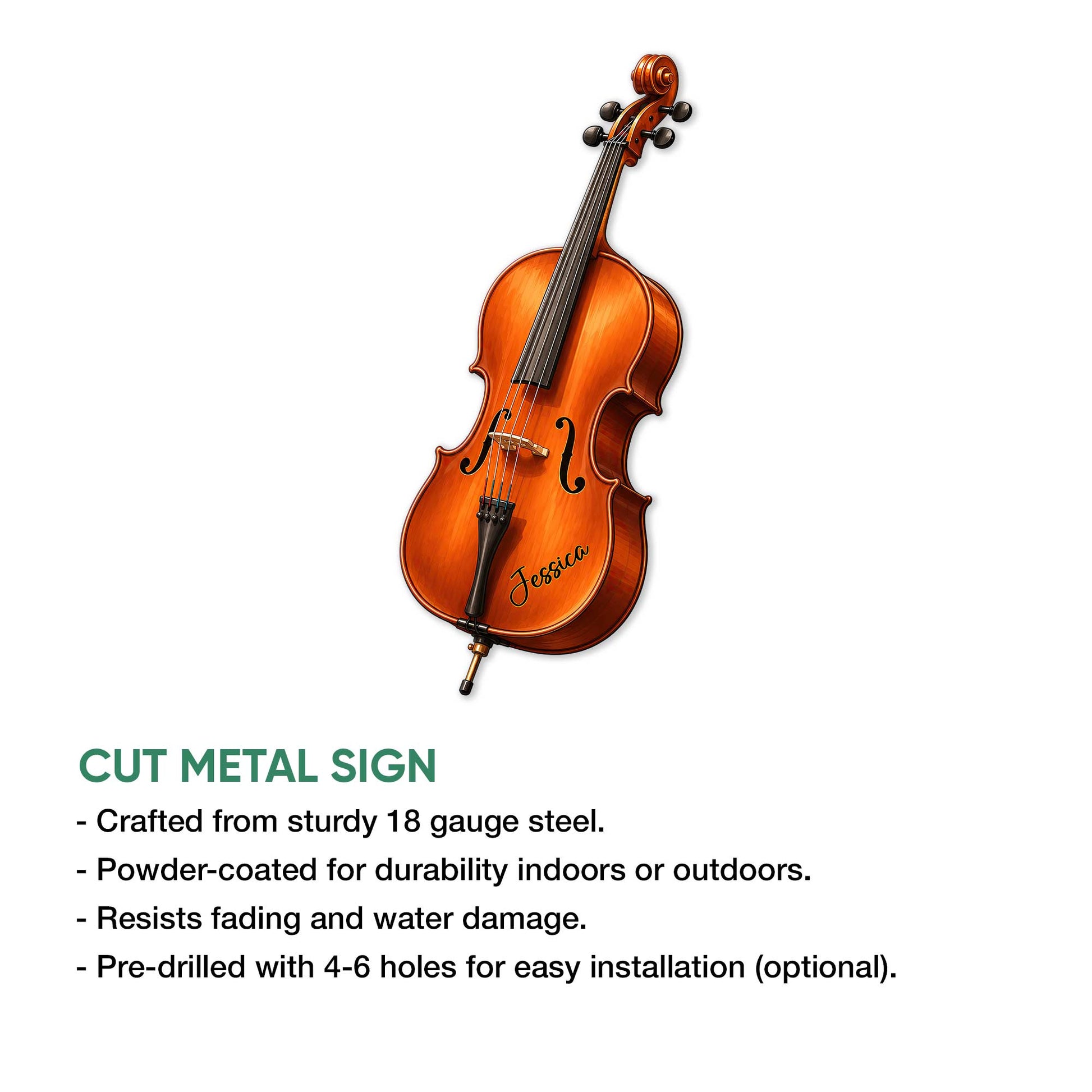 Cello-shaped cut metal sign shown with a detailed orange string instrument design in a product feature graphic