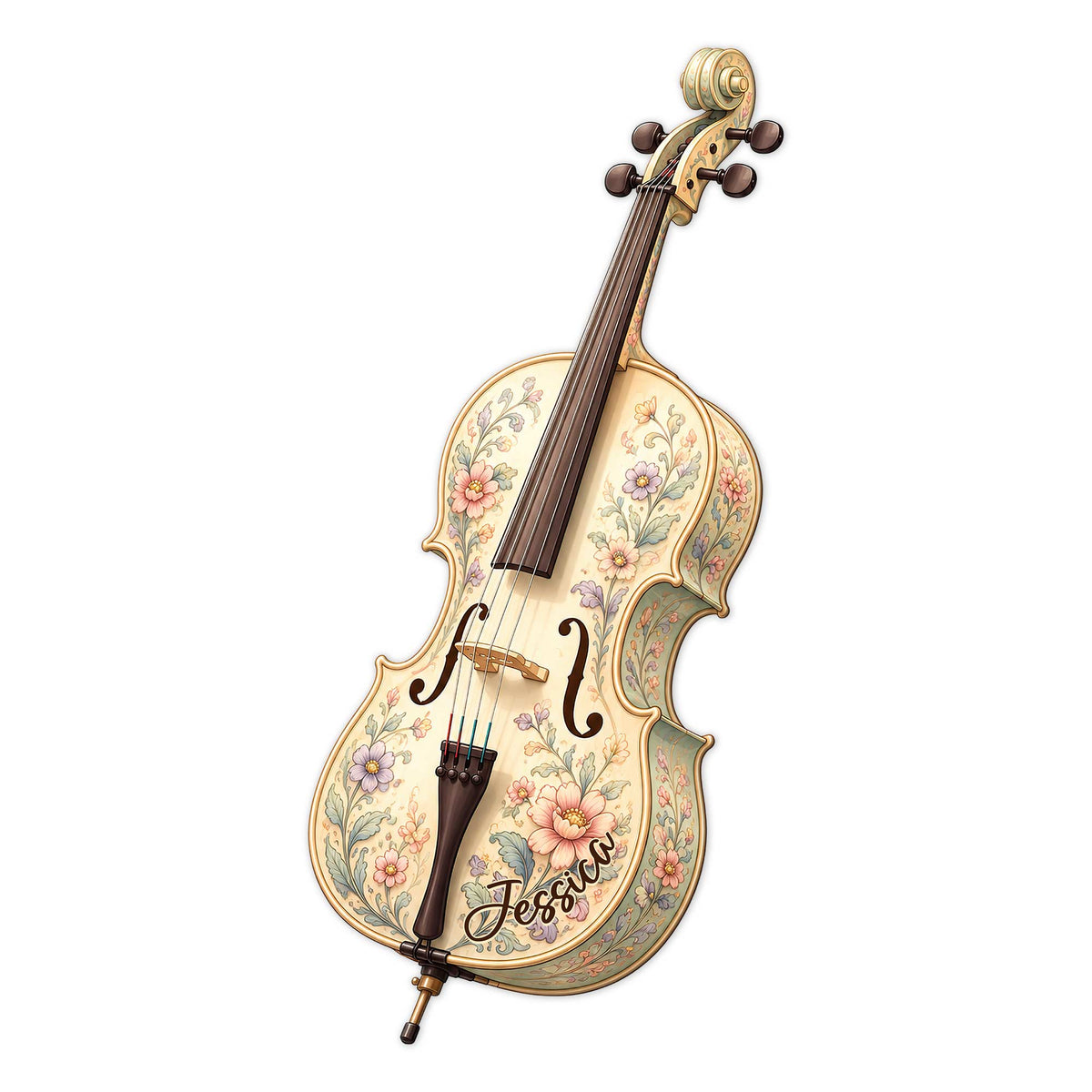 Floral cello metal sign featuring an ornate string instrument with colorful botanical detailing
