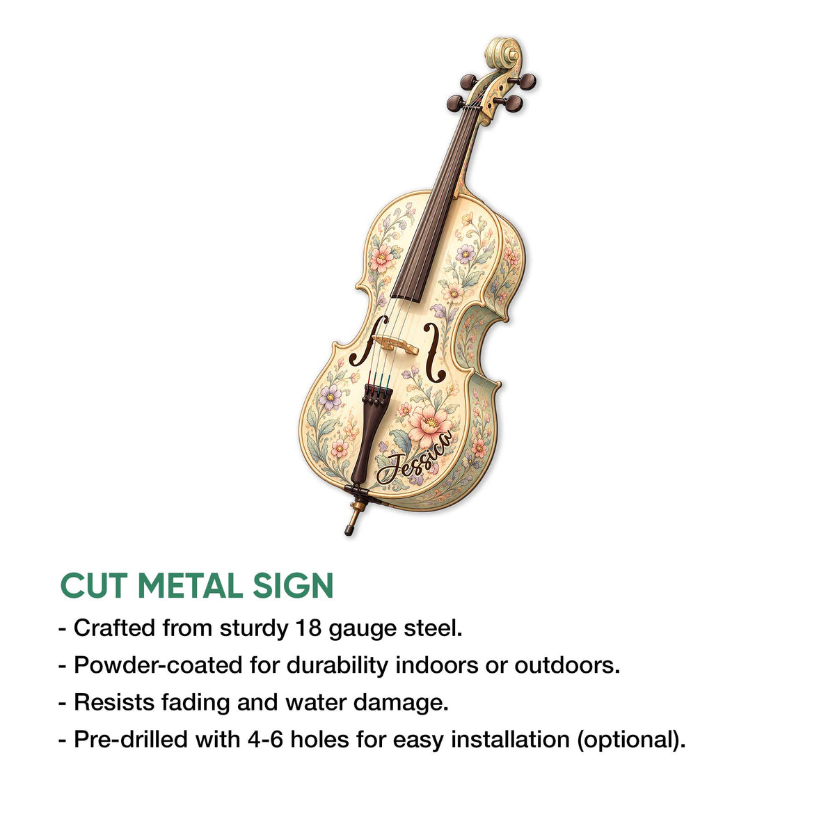 Feature graphic showing a floral cello cut metal sign with indoor and outdoor display details