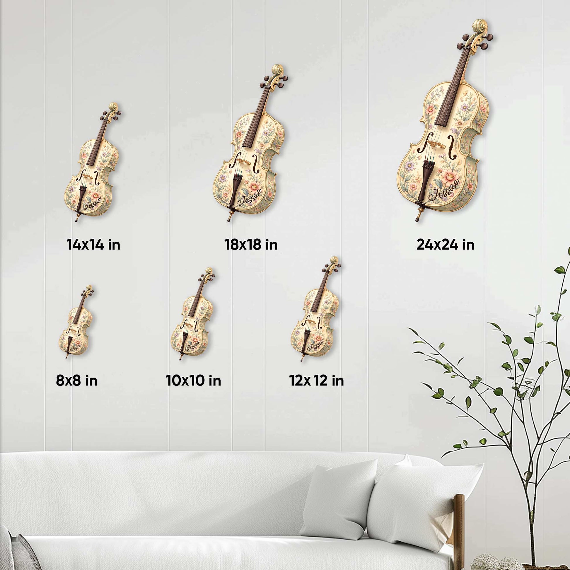 Cello metal sign size guide showing available square sizes from 8 by 8 to 24 by 24 inches