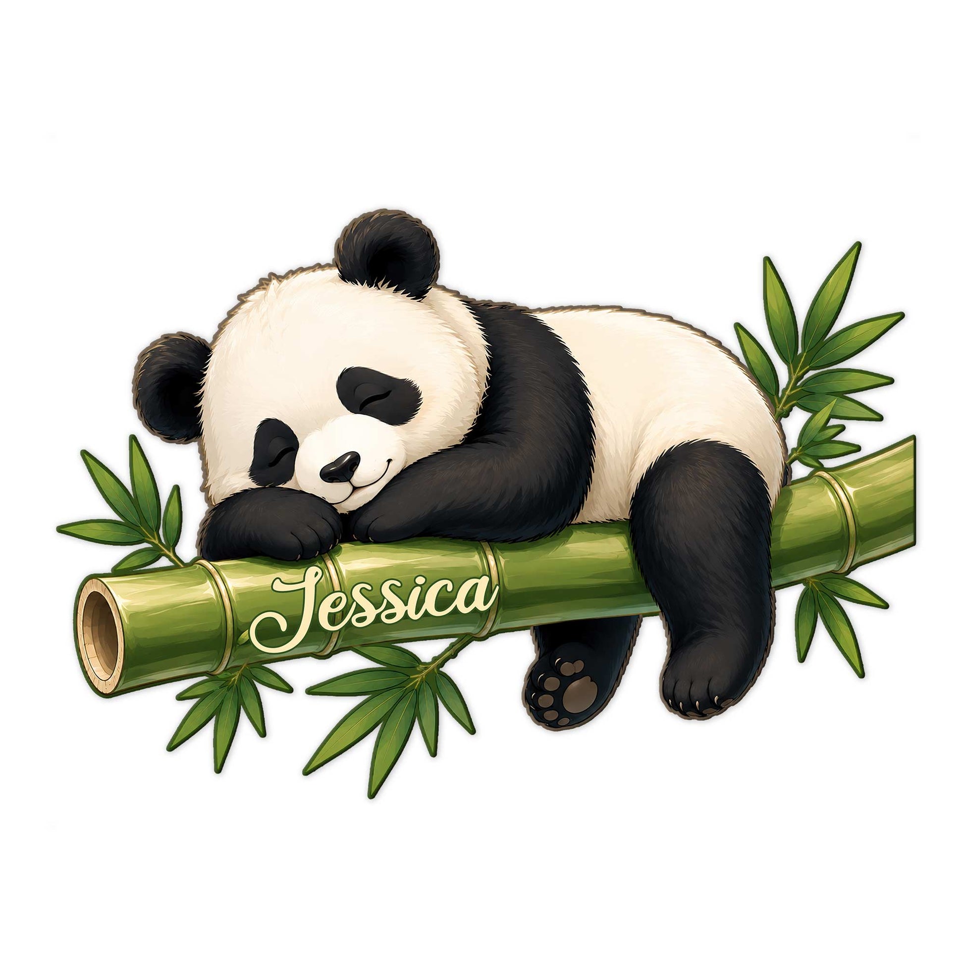 Custom panda metal sign featuring a sleepy panda resting on bamboo with leafy green accents