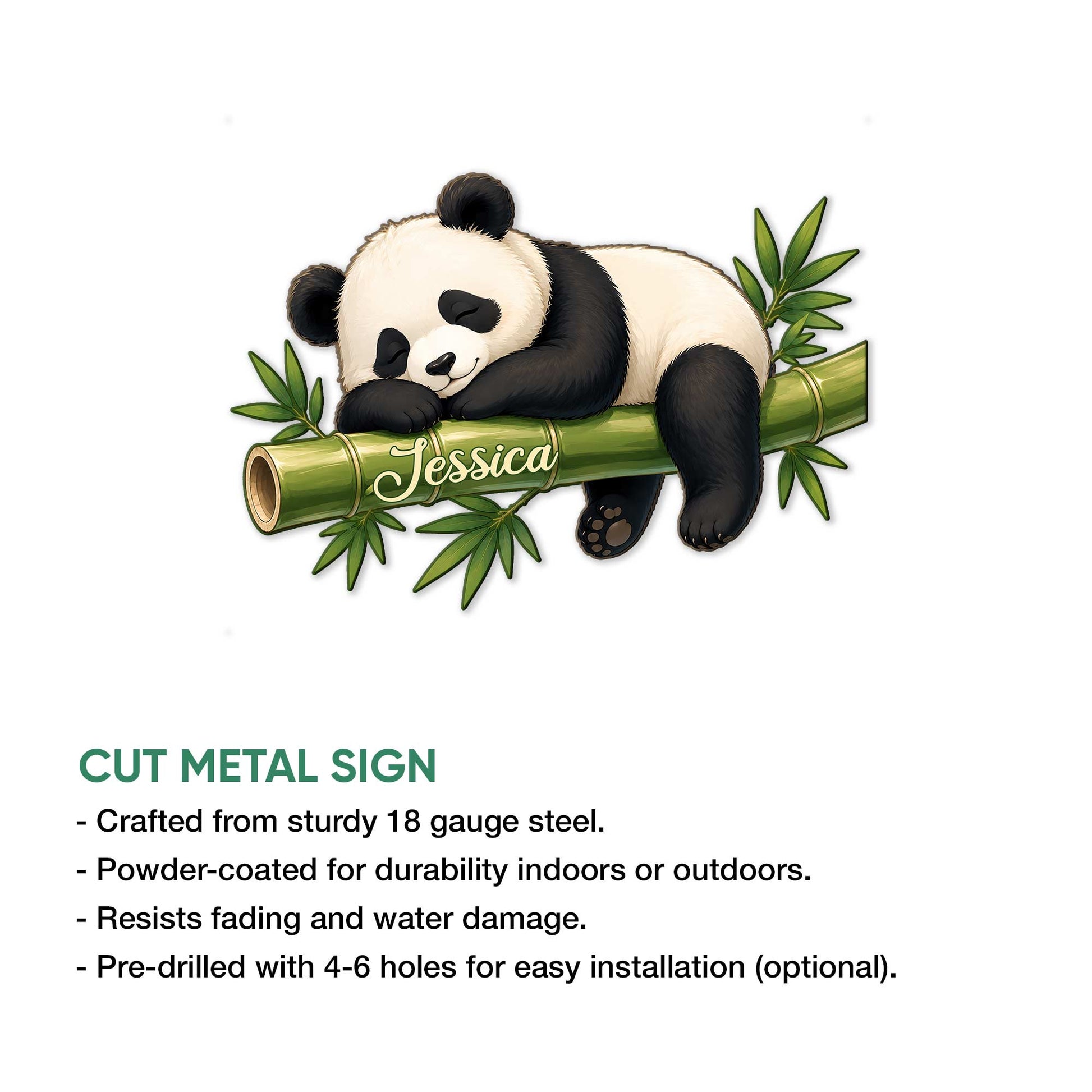 Panda metal sign product preview with a sleepy bamboo scene and cut metal sign feature details