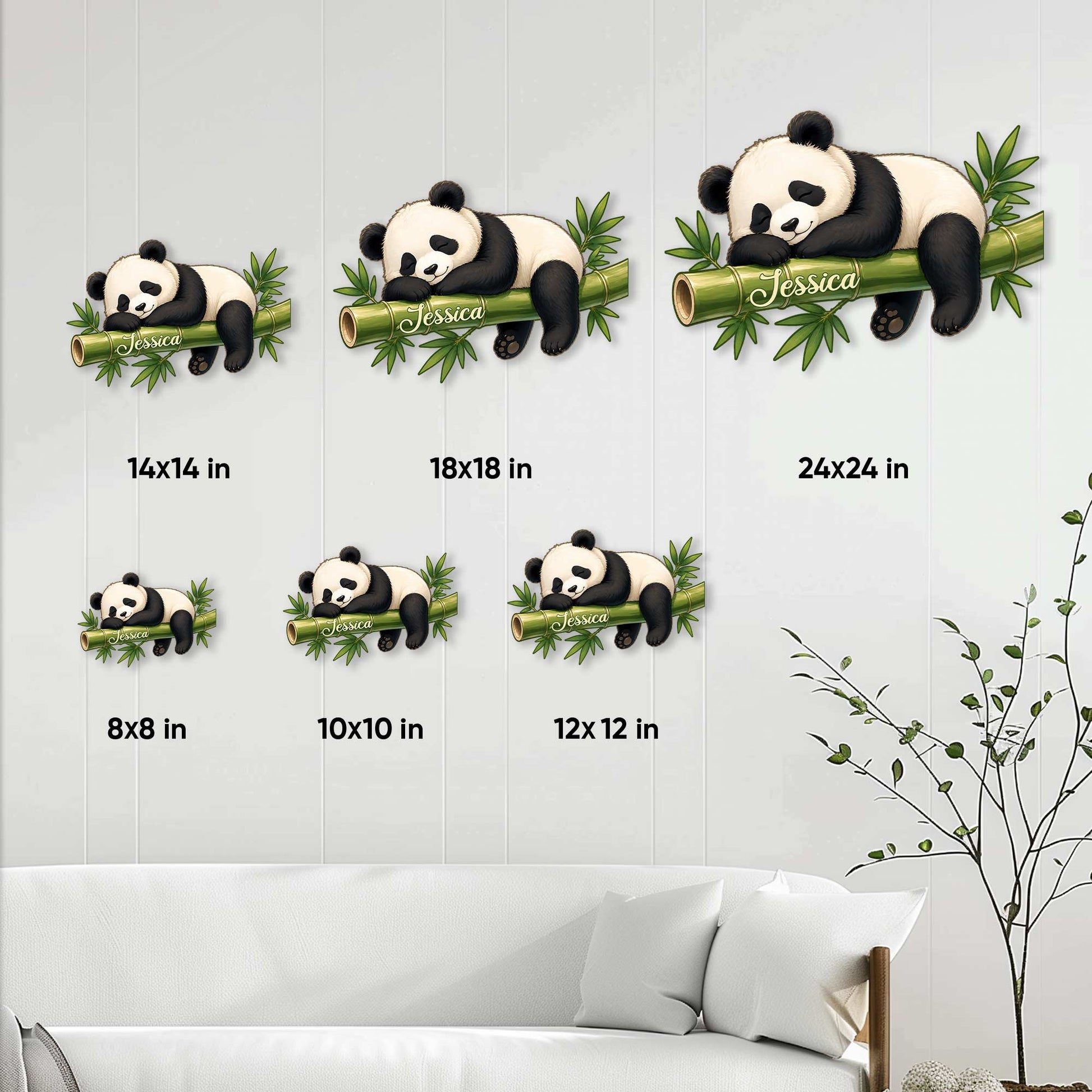 Panda metal sign size guide showing available square sizes from 8 by 8 to 24 by 24 inches