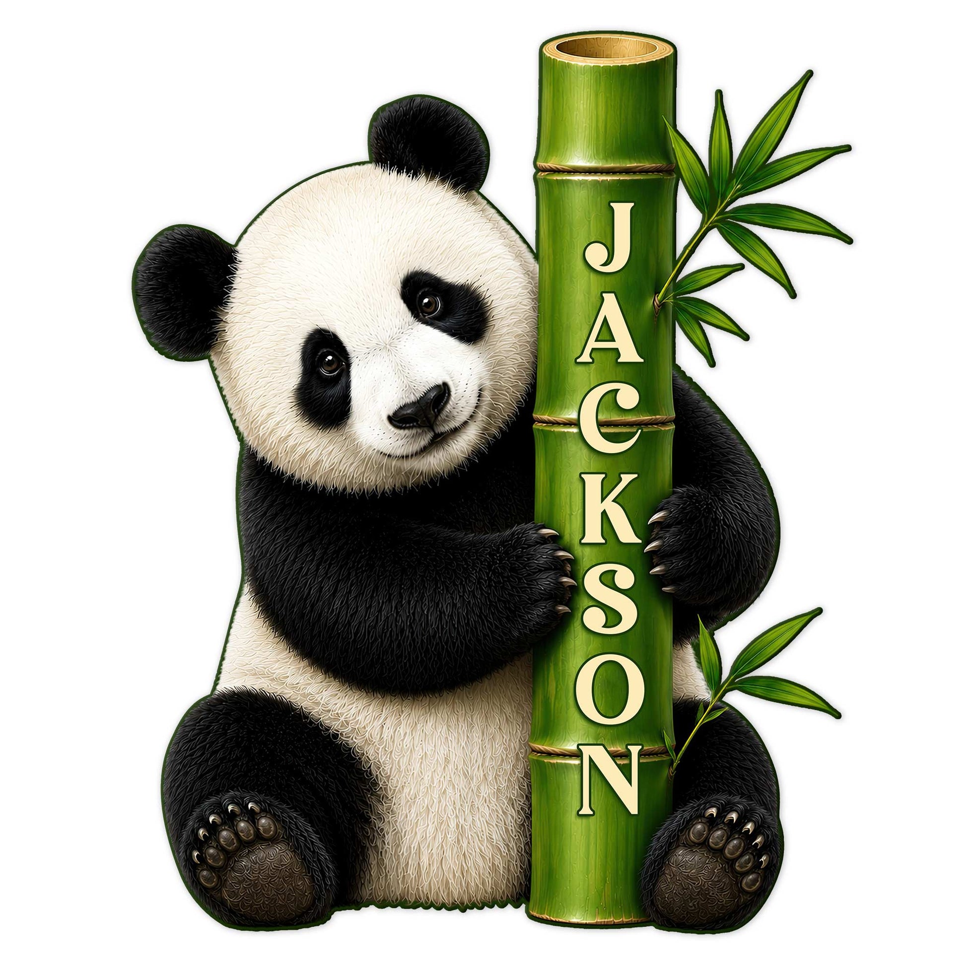 Custom panda metal sign featuring a playful bear hugging a green bamboo stalk