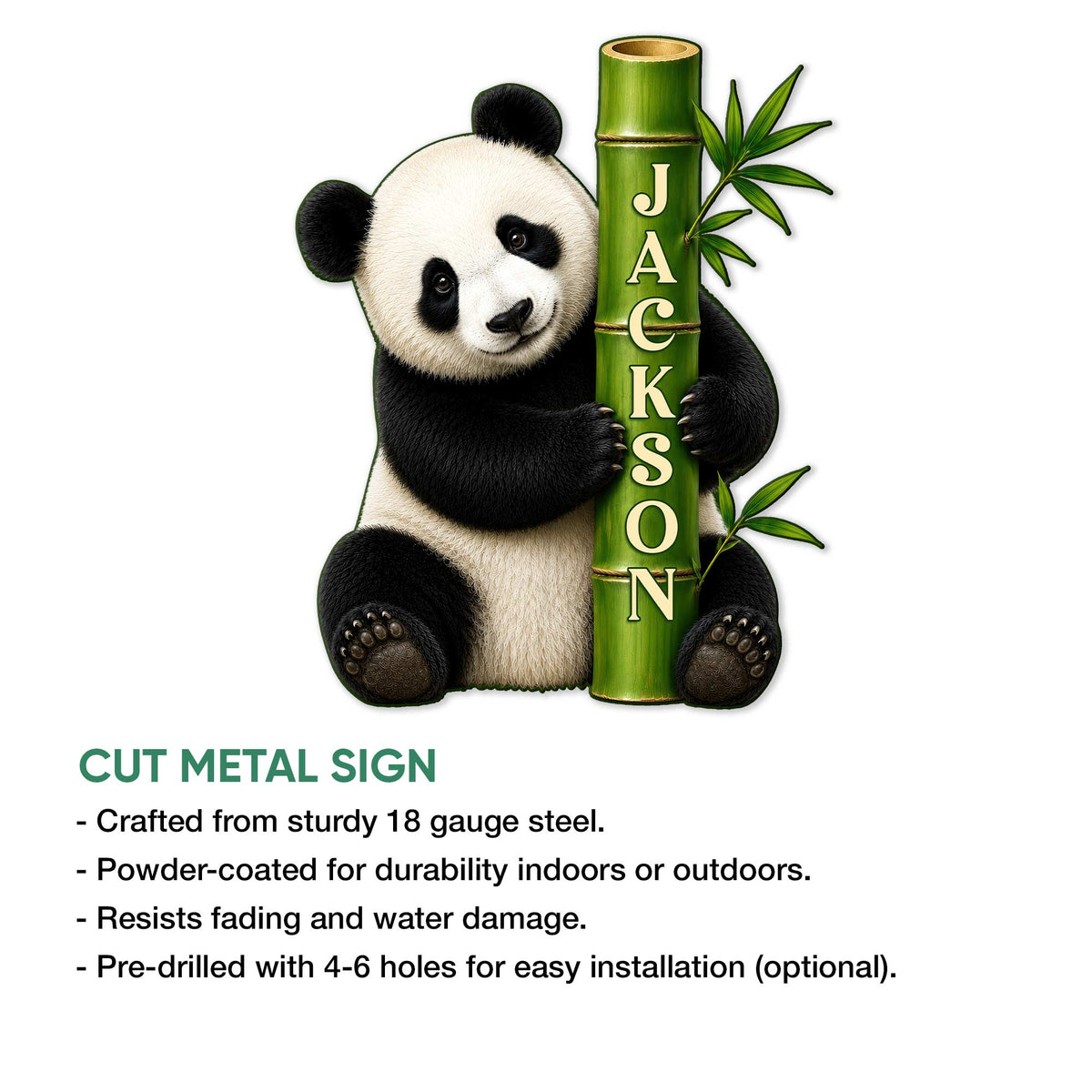 Panda metal sign product graphic showing the bear and bamboo artwork with cut metal sign details