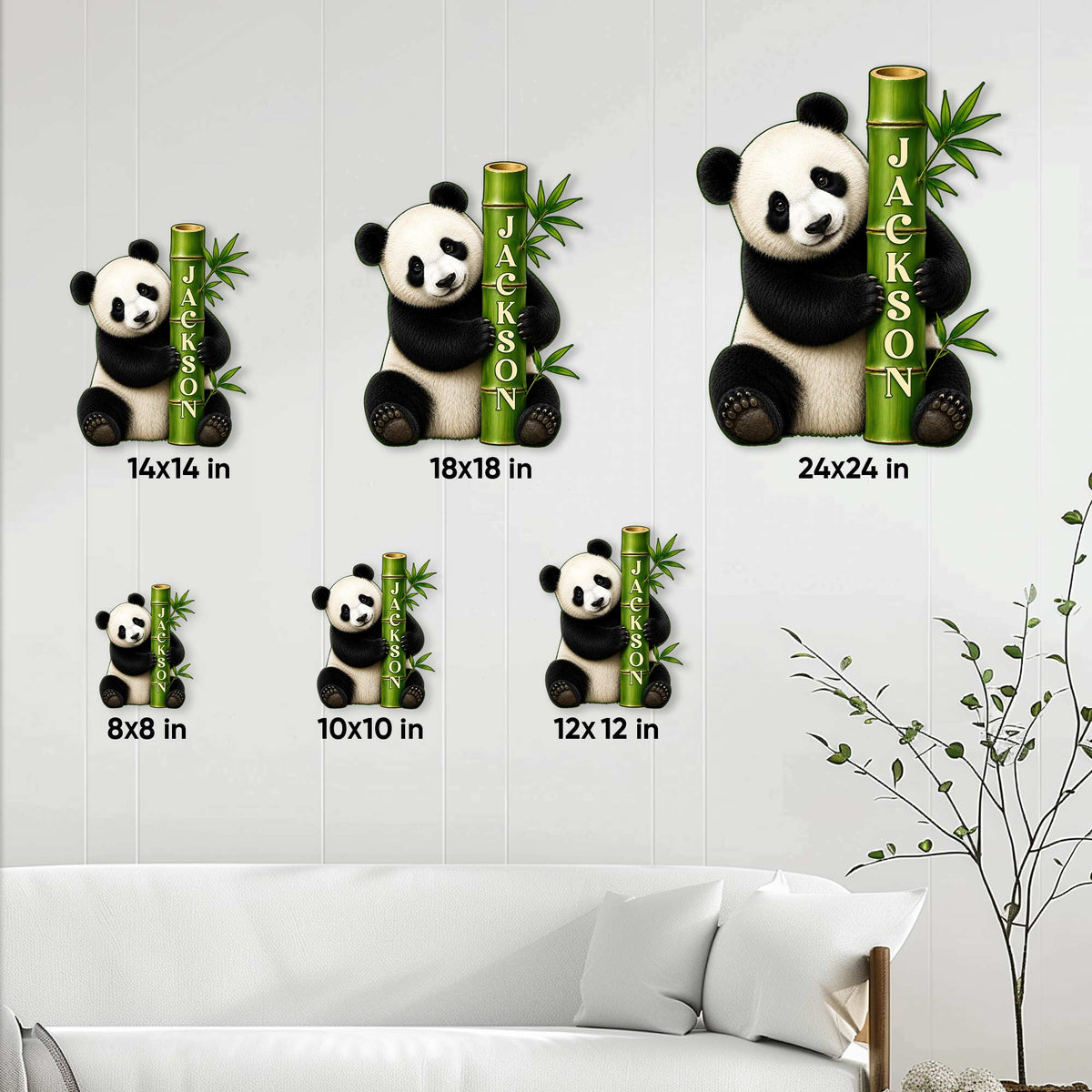 Panda metal sign size guide showing six square options from 8x8 to 24x24 inches