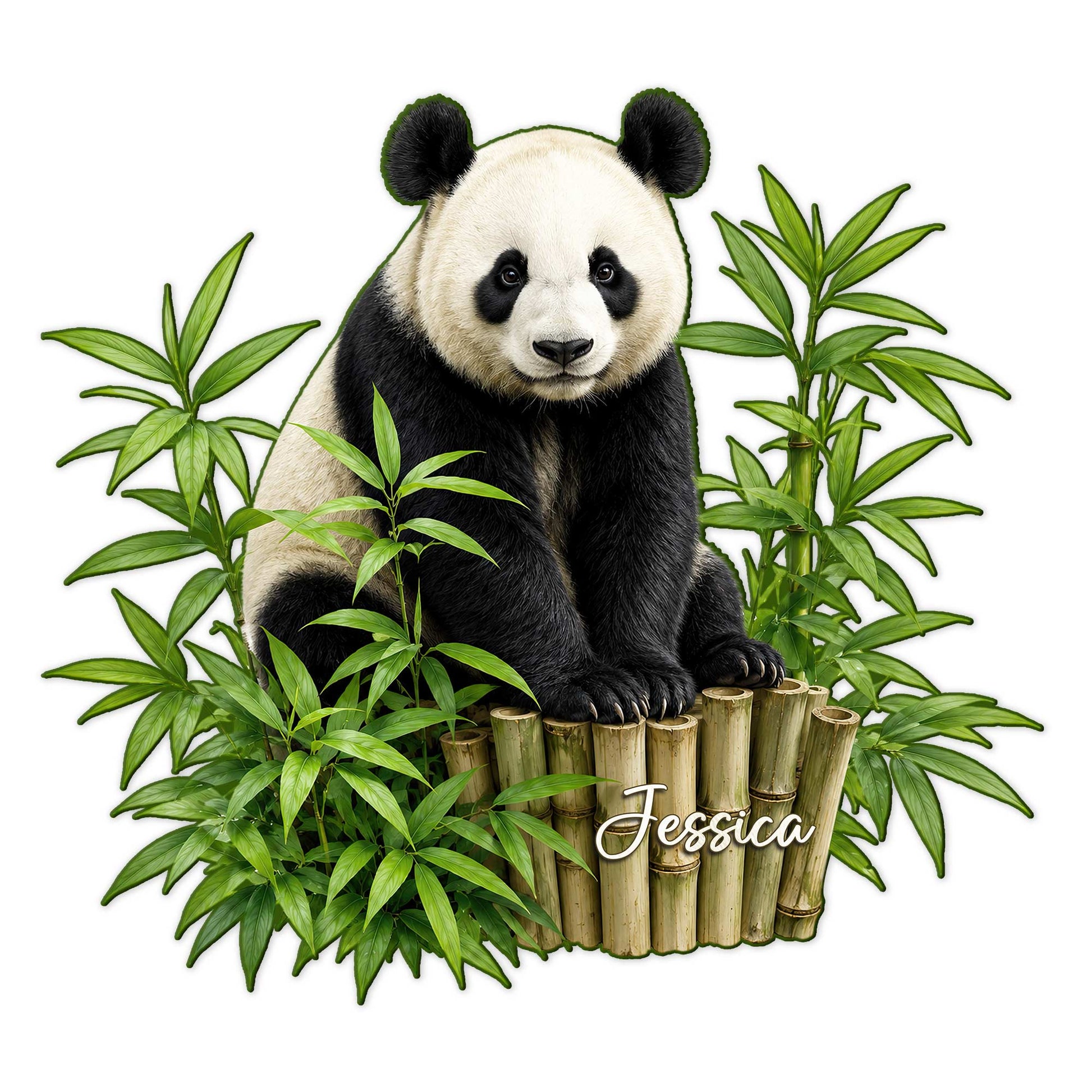 Custom panda metal sign featuring a realistic panda among lush bamboo plants and a natural woodland theme