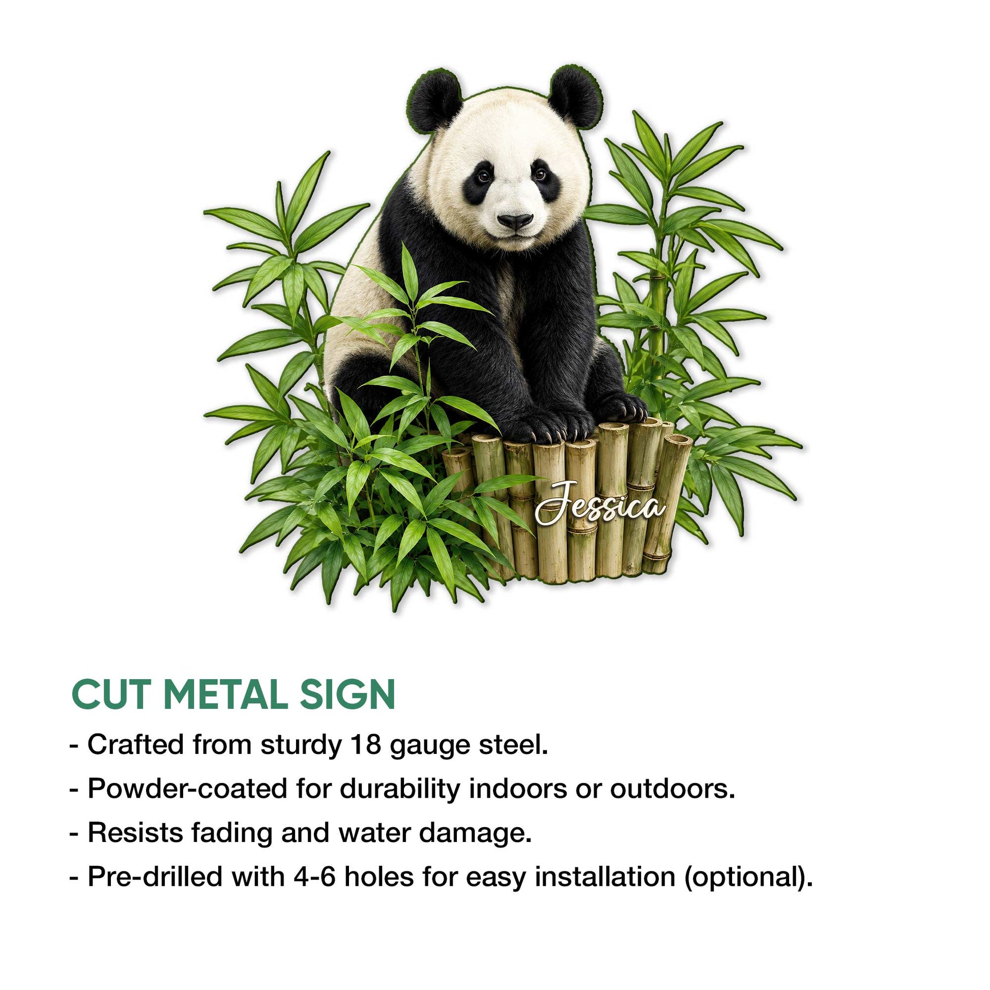 Panda cut metal sign shown with bamboo foliage alongside a feature list for indoor or outdoor display