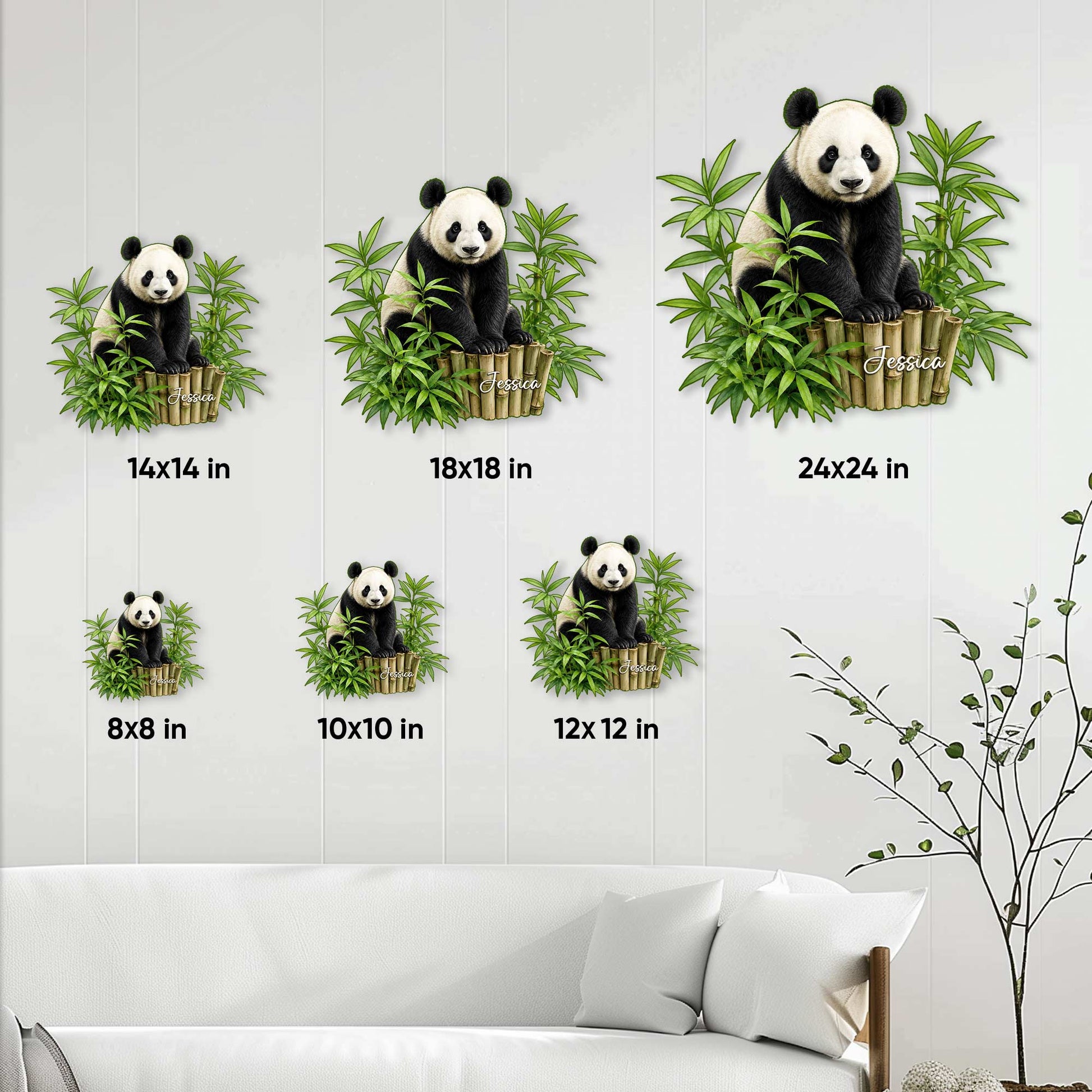 Panda metal sign size guide showing available square sizes from 8 by 8 inches to 24 by 24 inches