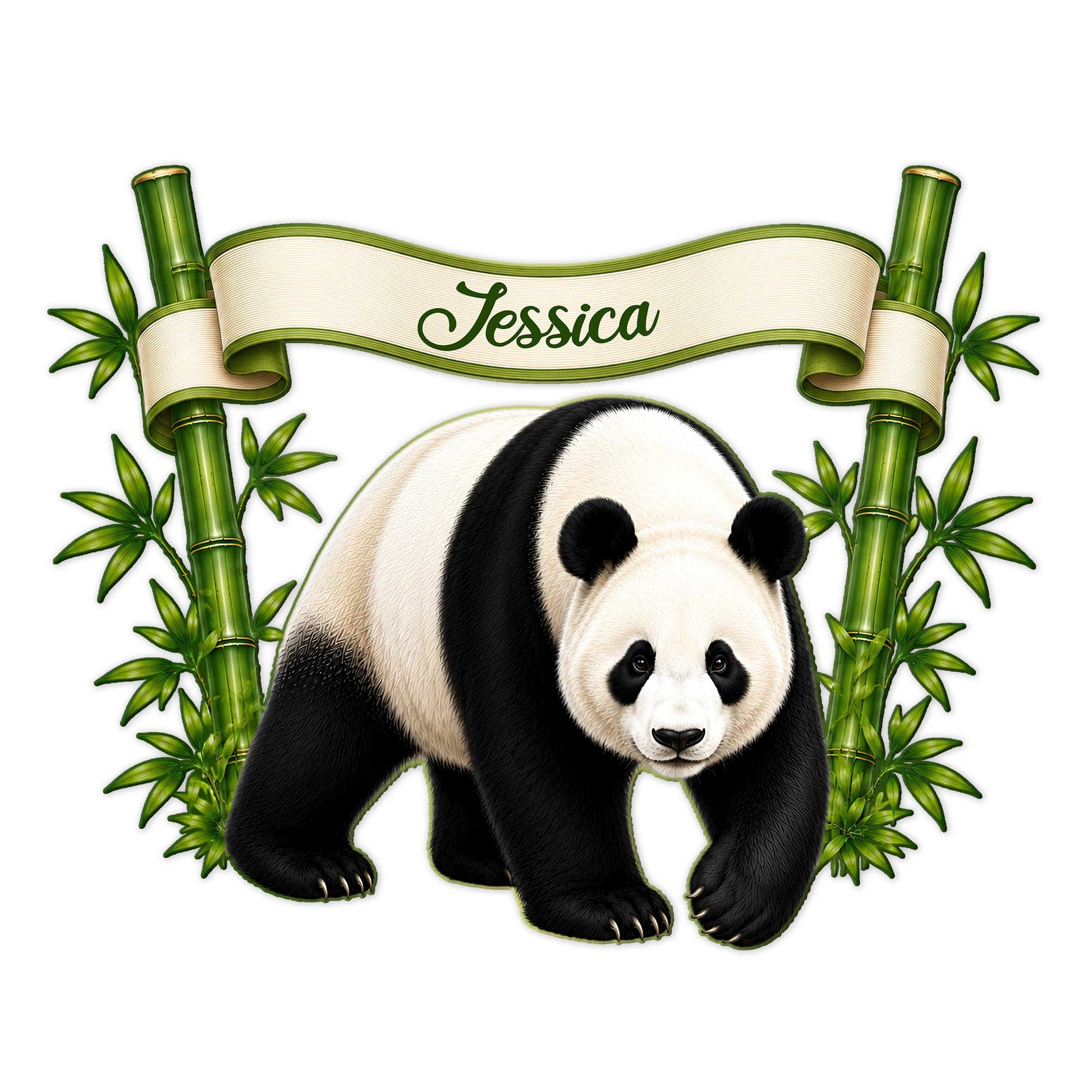 Custom panda metal sign featuring a realistic giant panda framed by green bamboo and leafy foliage