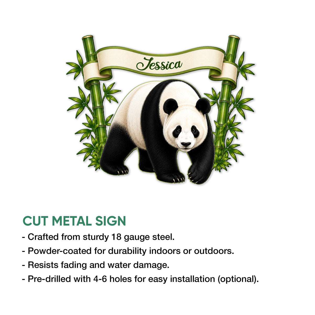 Panda cut metal sign feature graphic showing a bamboo-framed panda design for indoor or outdoor decor