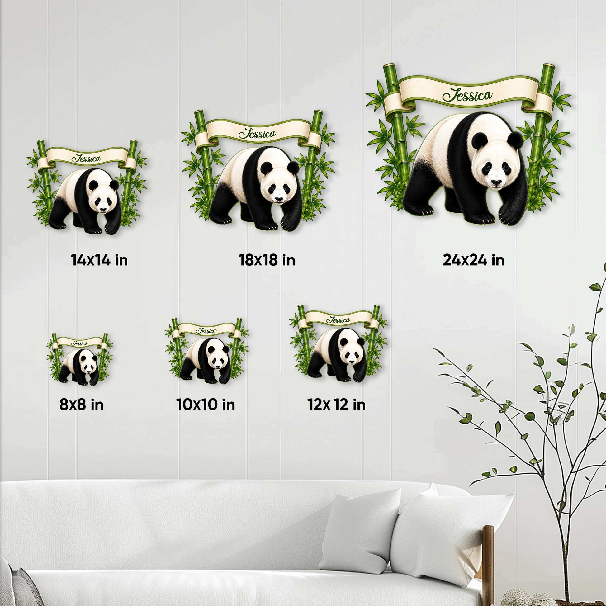 Panda metal sign size guide showing available square sizes from 8 by 8 to 24 by 24 inches
