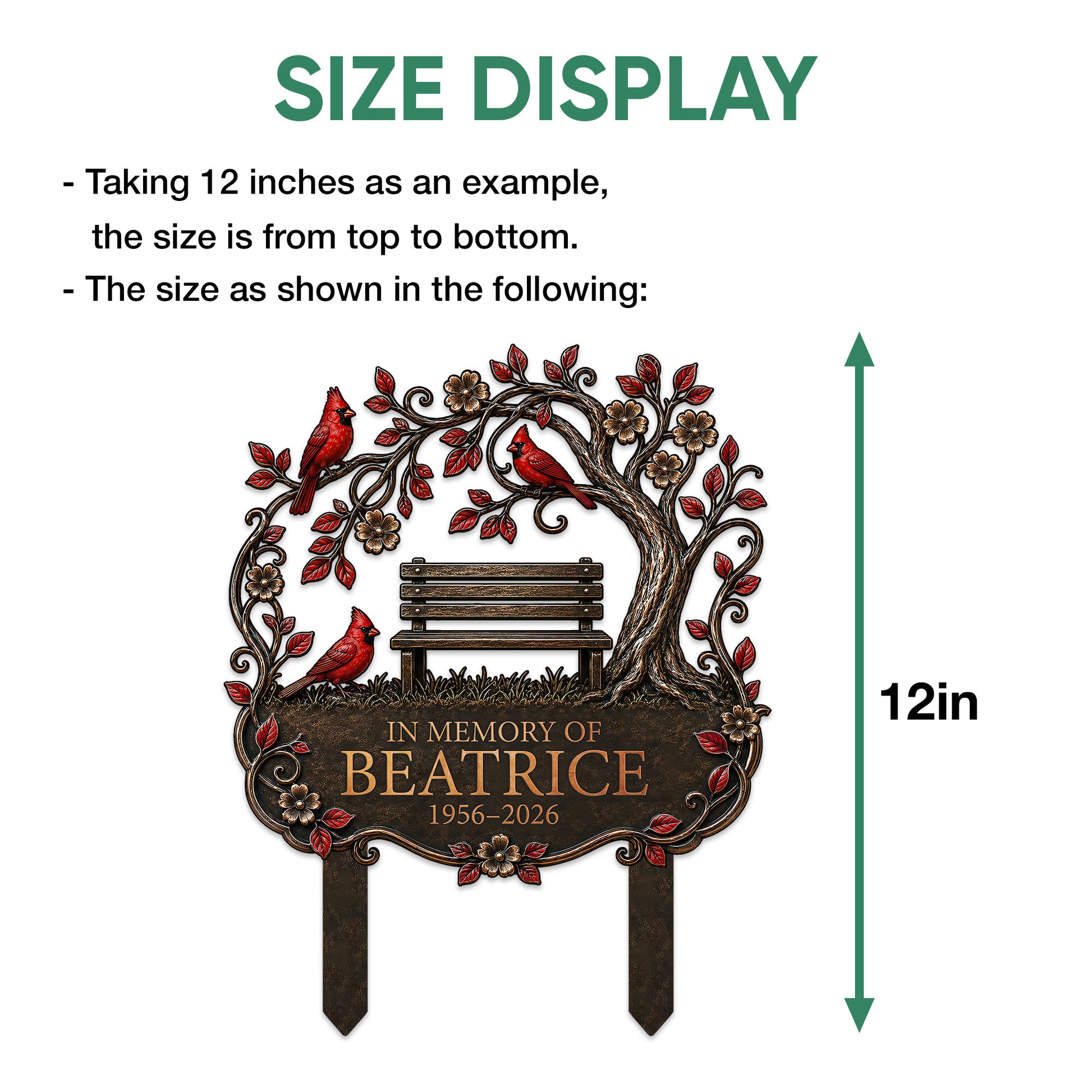Cardinal memorial garden sign size guide showing the full sign height with a 12-inch example