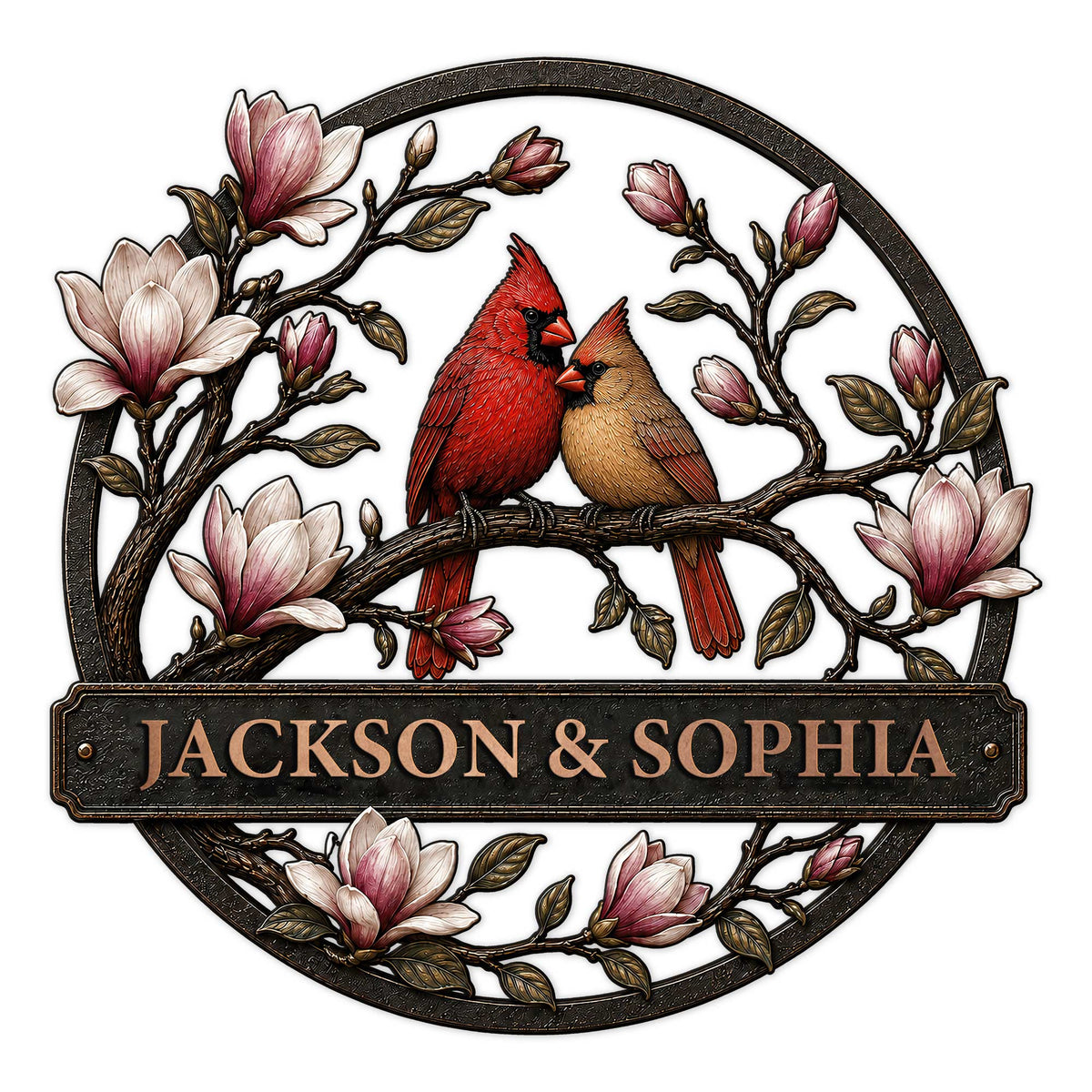 Custom cardinal metal sign featuring a pair of red cardinals perched among blooming magnolia branches