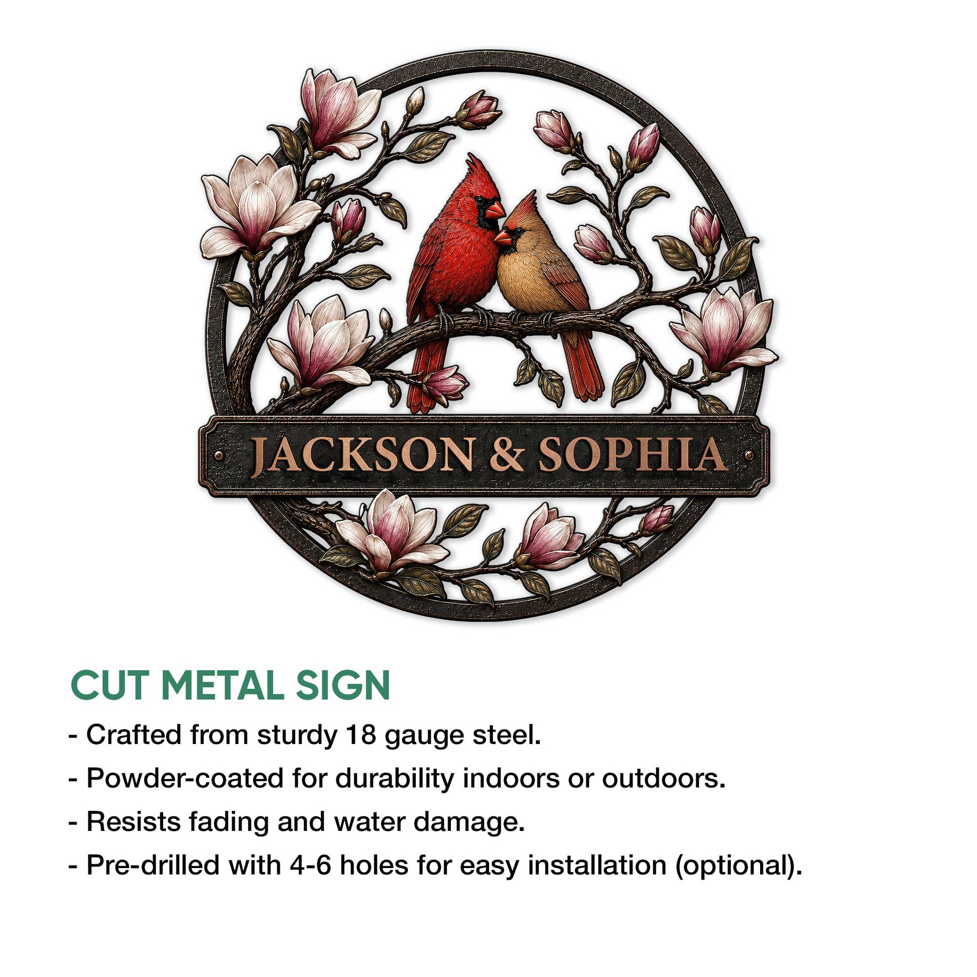 Cardinal couple metal sign shown with cut-metal sign features and indoor or outdoor display information