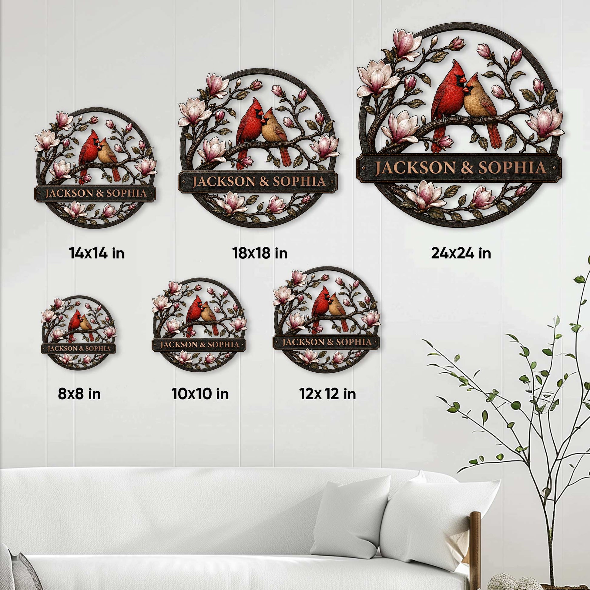 Cardinal couple metal sign size guide showing available square sizes from 8 by 8 to 24 by 24 inches