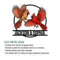 Cardinal couple cut metal sign shown with product feature details for indoor or outdoor display