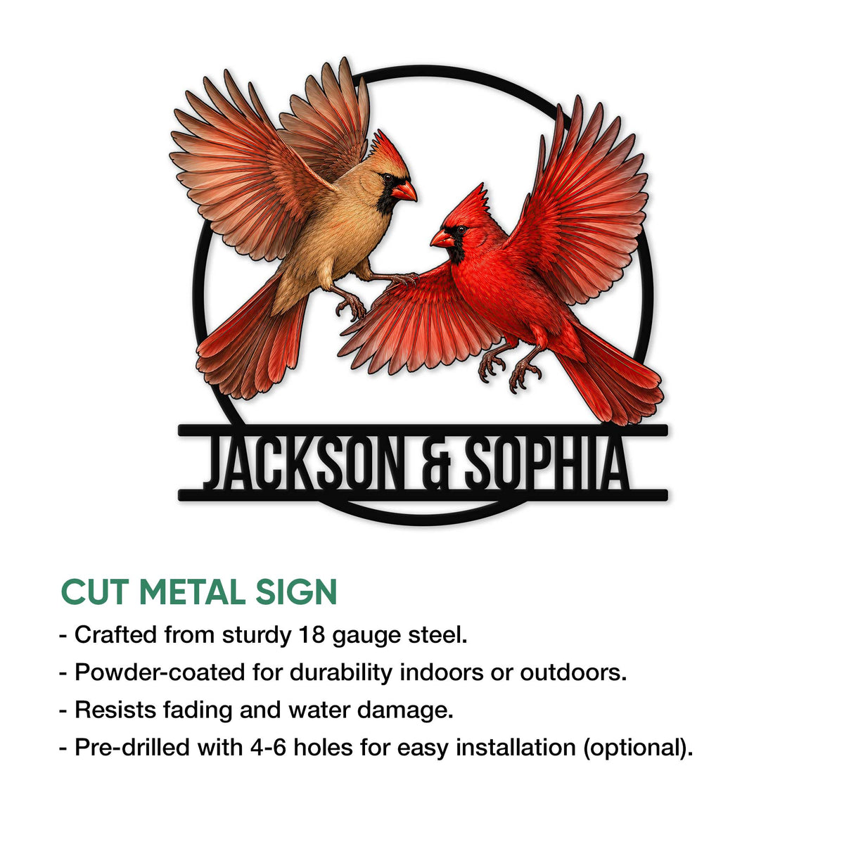 Cardinal couple cut metal sign shown with product feature details for indoor or outdoor display