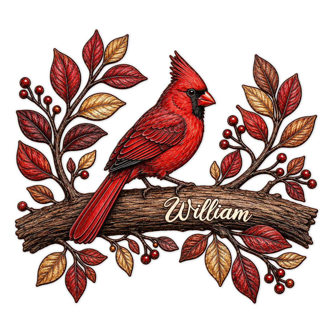Custom cardinal metal sign featuring a vivid red bird perched on a branch with decorative leaves and berries