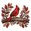 Custom cardinal metal sign featuring a vivid red bird perched on a branch with decorative leaves and berries