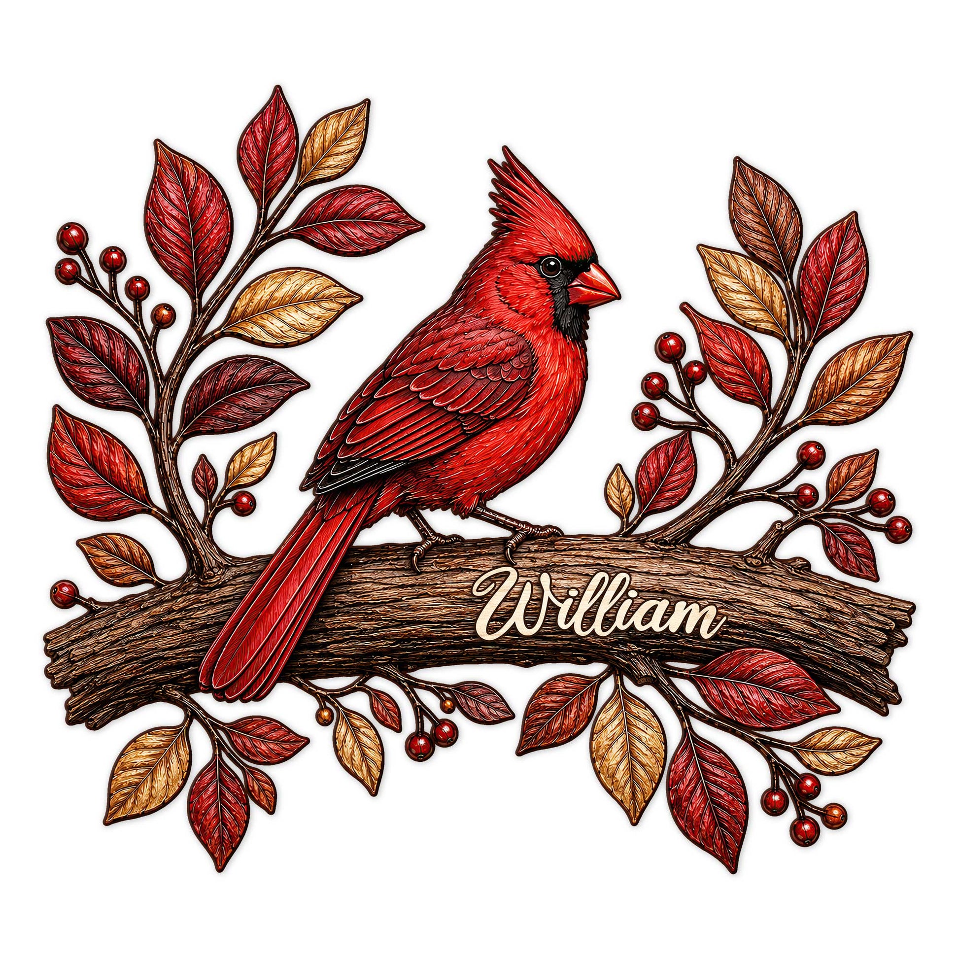 Custom cardinal metal sign featuring a vivid red bird perched on a branch with decorative leaves and berries