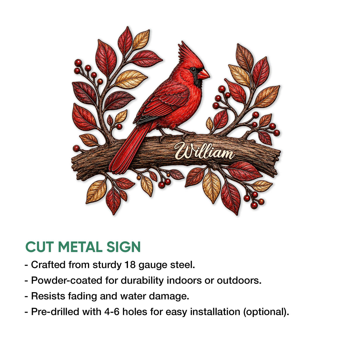 Cardinal metal sign product image with a red bird design and cut metal sign feature information