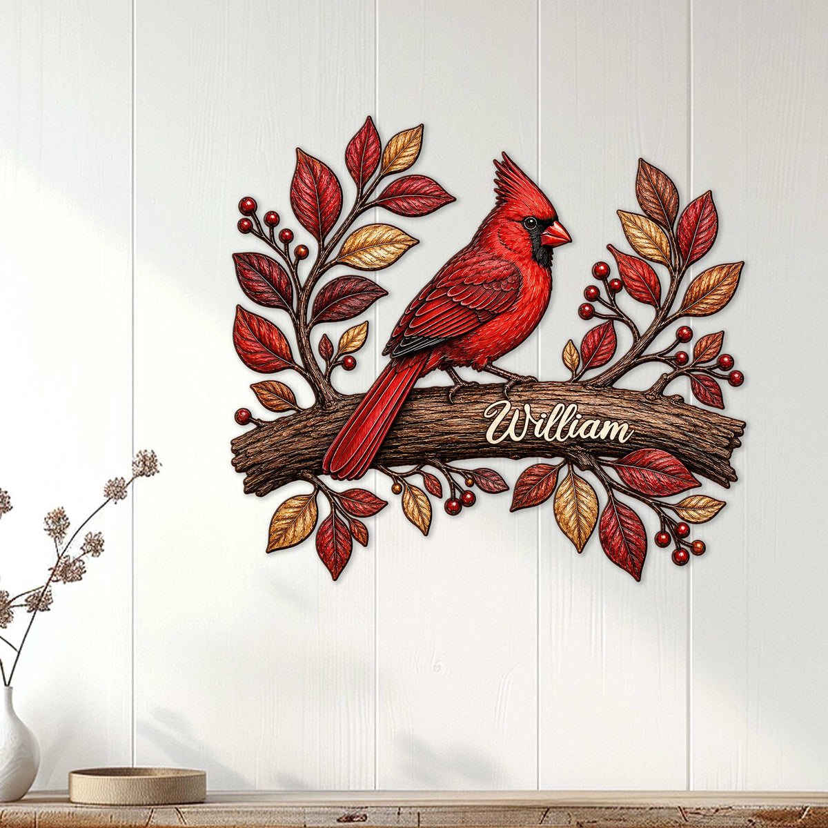 Cardinal wall sign displayed on a light paneled wall above a console for warm nature-inspired decor