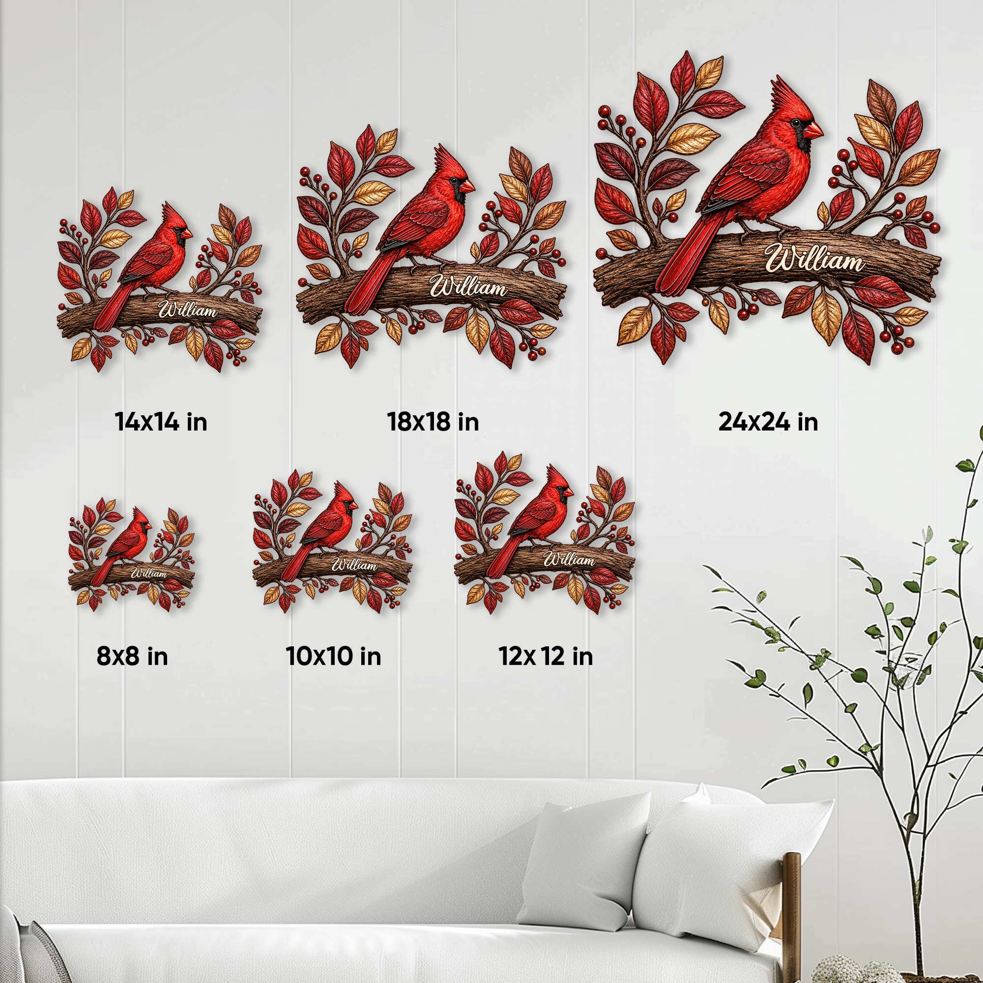Cardinal metal sign size guide showing available square dimensions from 8 by 8 to 24 by 24 inches