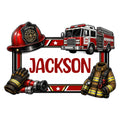 Firefighter metal sign featuring a red fire helmet, fire truck, protective gear, hose nozzle, and bold red accents