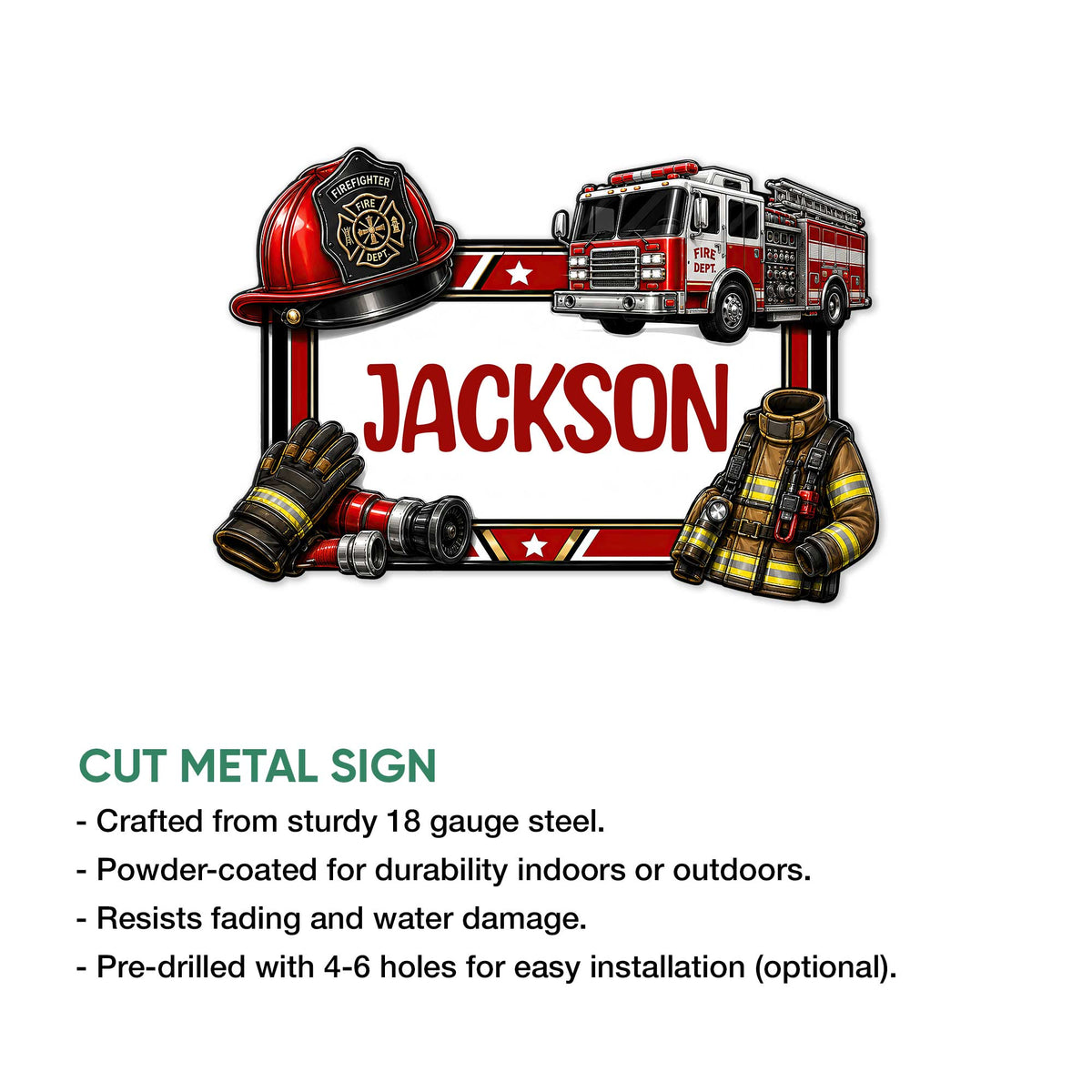 Firefighter metal sign shown with a fire helmet, emergency truck, turnout gear, and cut metal sign feature details