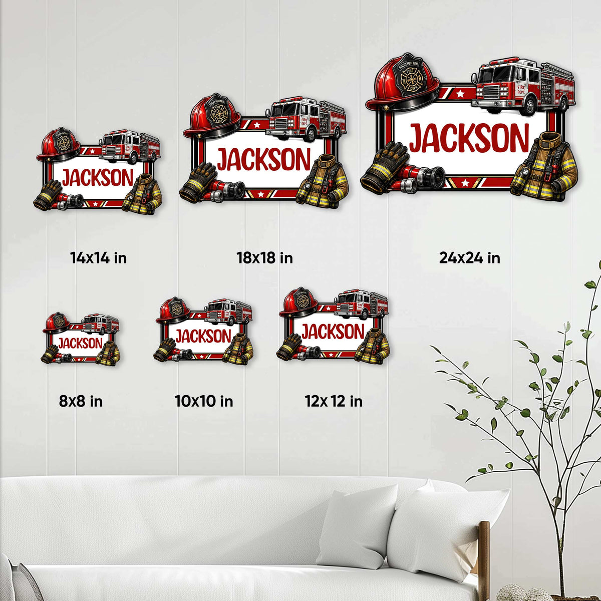 Firefighter metal sign size guide showing available 8x8, 10x10, 12x12, 14x14, 18x18, and 24x24 inch options