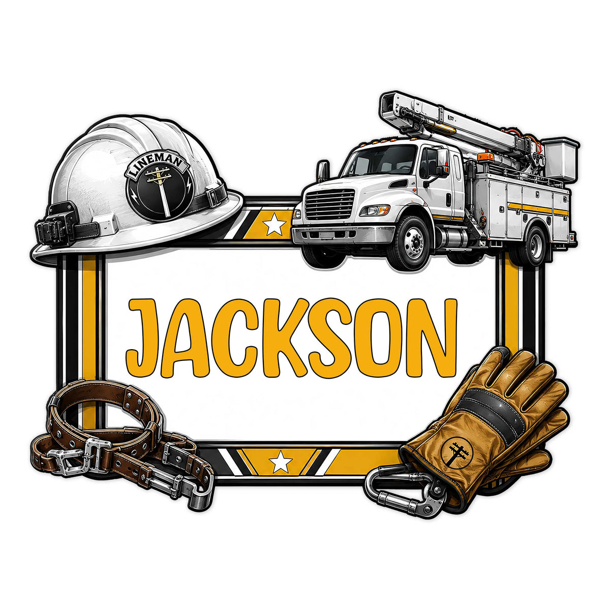 Custom lineman metal sign featuring a hard hat, utility bucket truck, work belt, gloves, and bold yellow accents