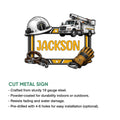 Lineman metal sign shown with product feature details and a cut metal sign presentation