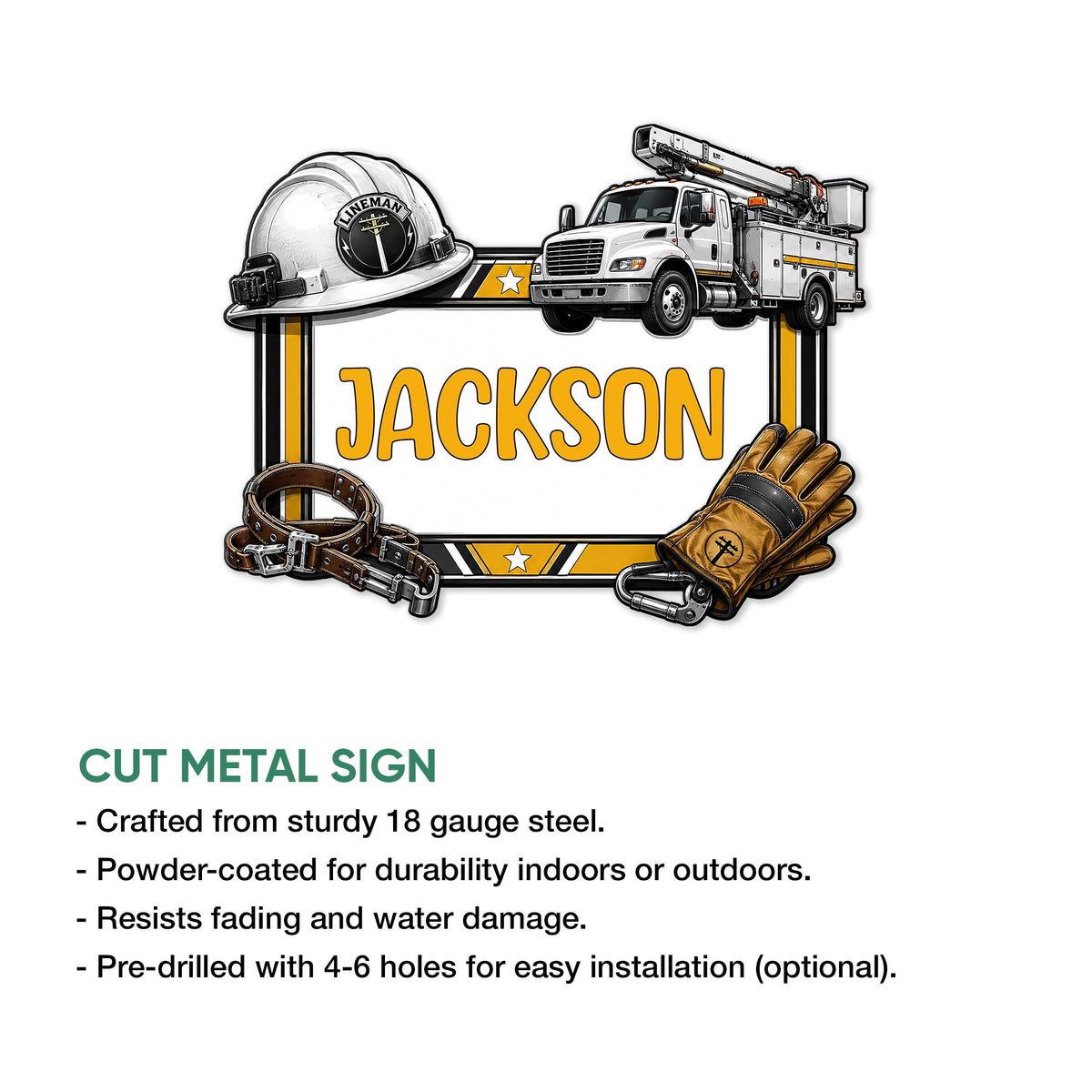 Lineman metal sign shown with product feature details and a cut metal sign presentation