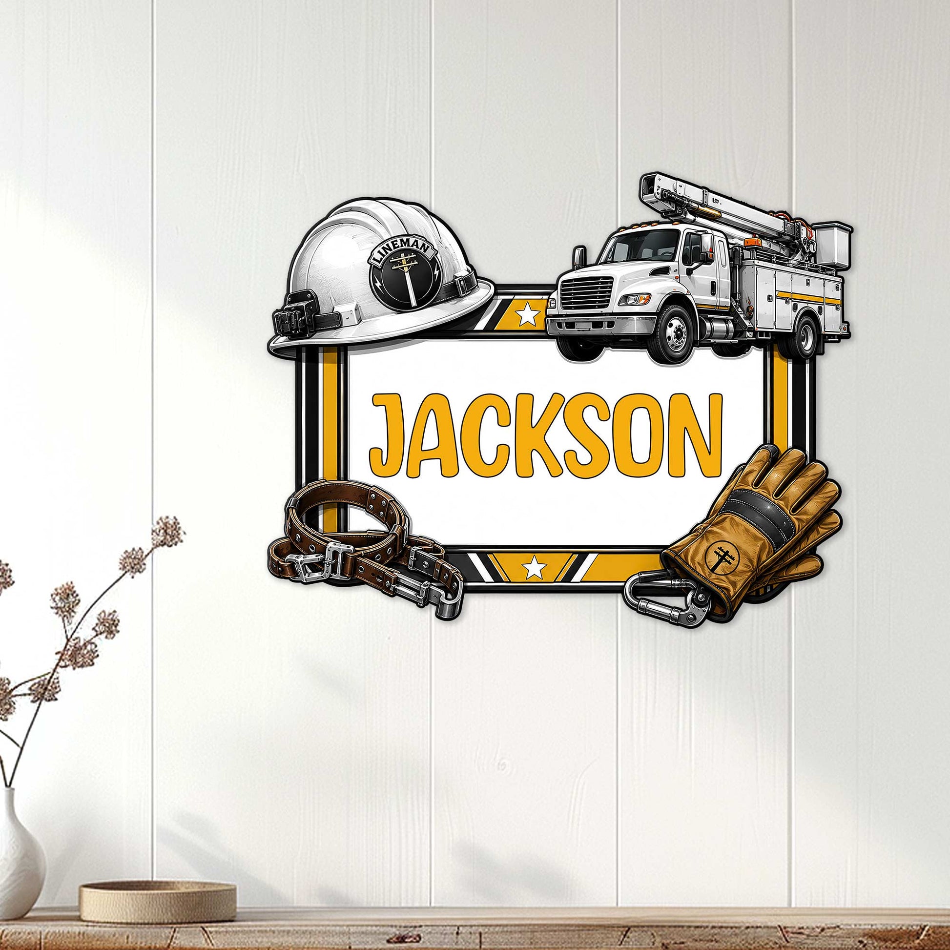 Lineman wall sign displayed in a home interior with a hard hat, utility truck, belt, and work gloves