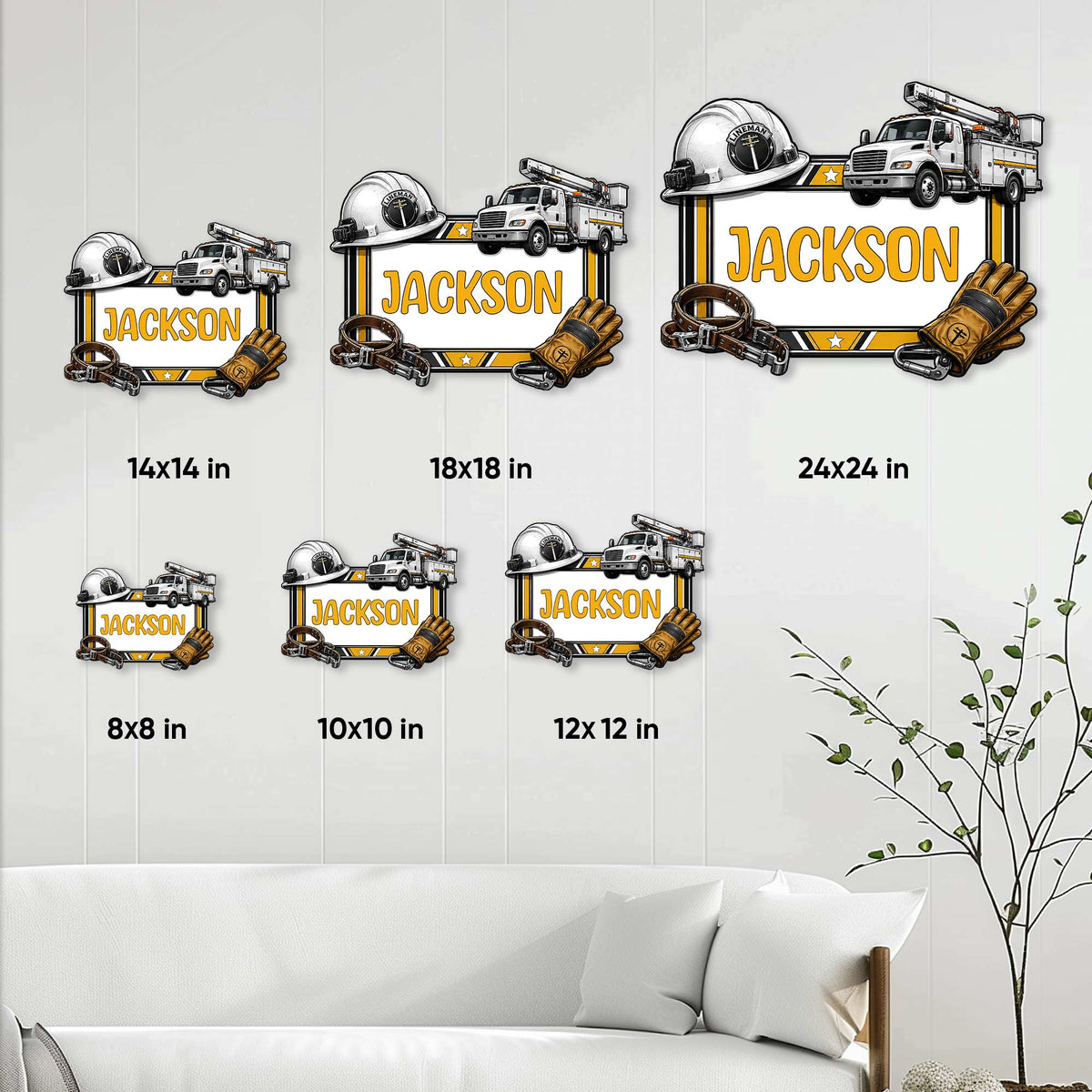Lineman metal sign size guide showing available square sizes from 8x8 to 24x24 inches