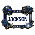 Custom welder metal sign featuring a welding helmet, machine, gloves, clamp, and bright welding sparks