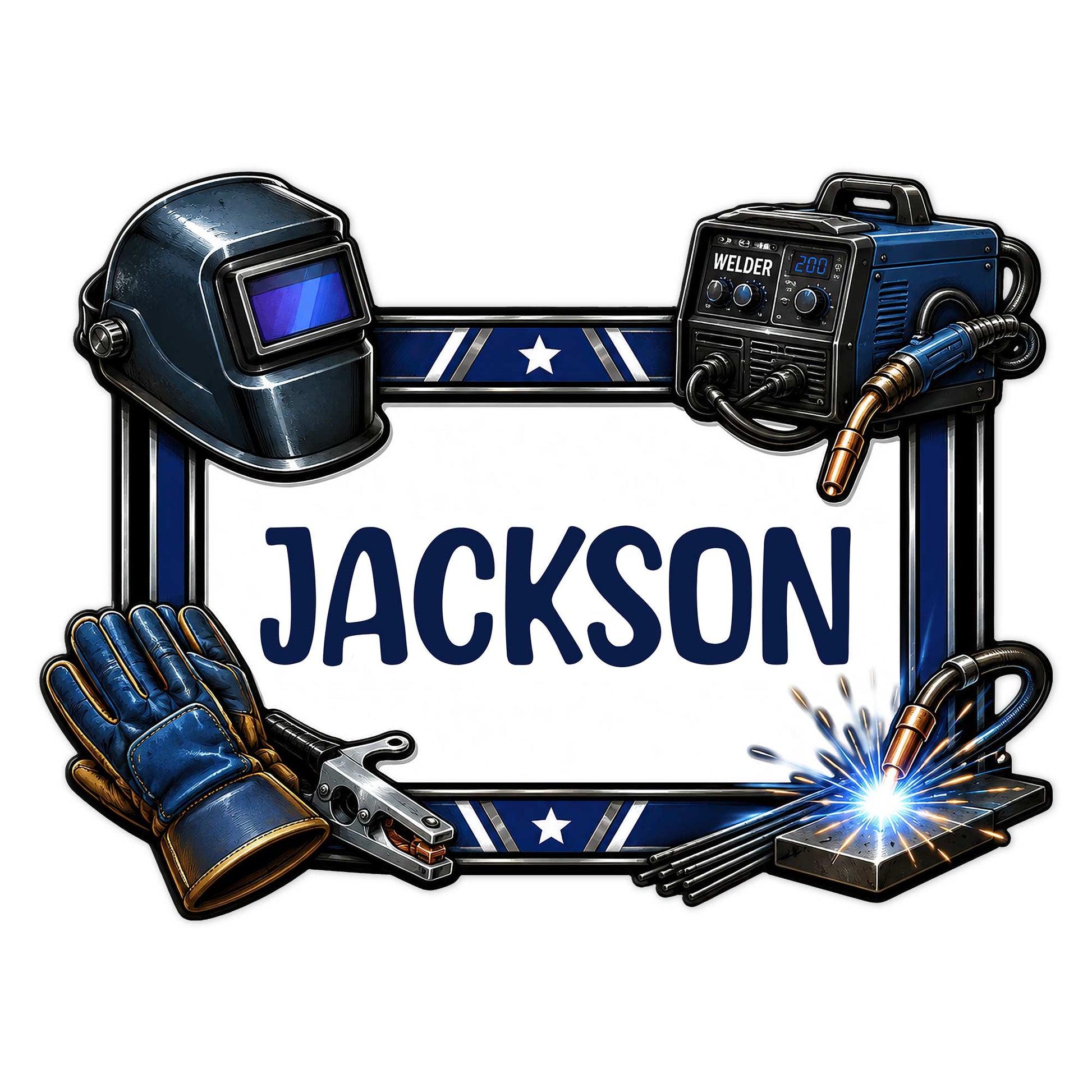 Custom welder metal sign featuring a welding helmet, machine, gloves, clamp, and bright welding sparks