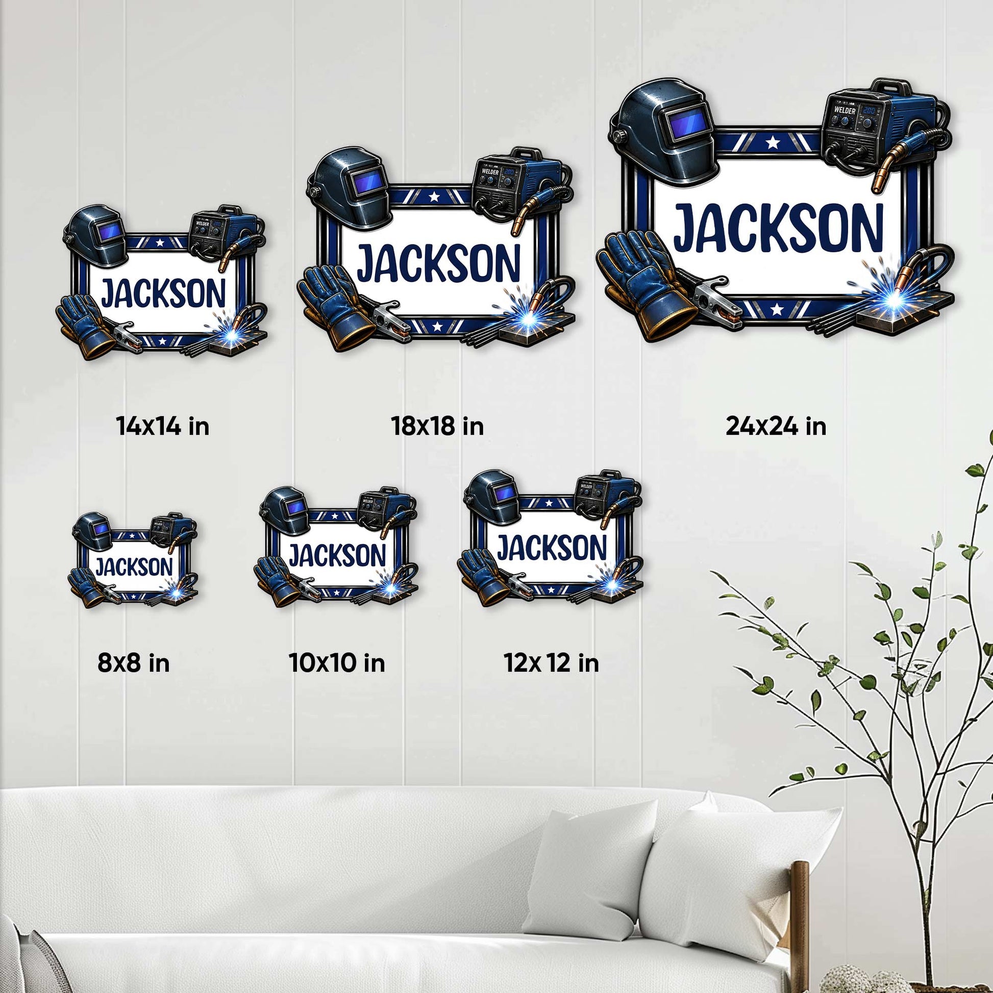 Welder metal sign size guide showing available square dimensions from 8 by 8 to 24 by 24 inches